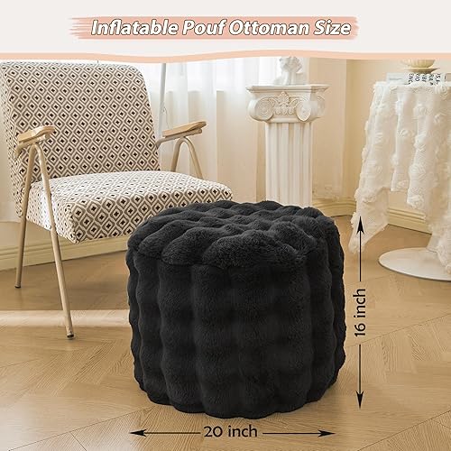 Miniatura 2 de LIFEREVO Puf Otomán Inflable Redondo de Piel de Conejo Sintética de Lujo, 20 X 16 Pulgadas Pufs de Piso Esponjosos de Burbujas Waffle Reposapiés