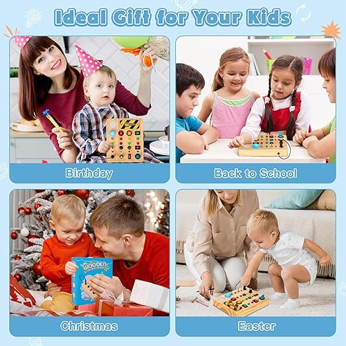 Miniatura 5 de HONGDDY Tablero de actividades Montessori de juguete para niños pequeños, juguete sensorial de madera con clasificador de formas con luz LED,