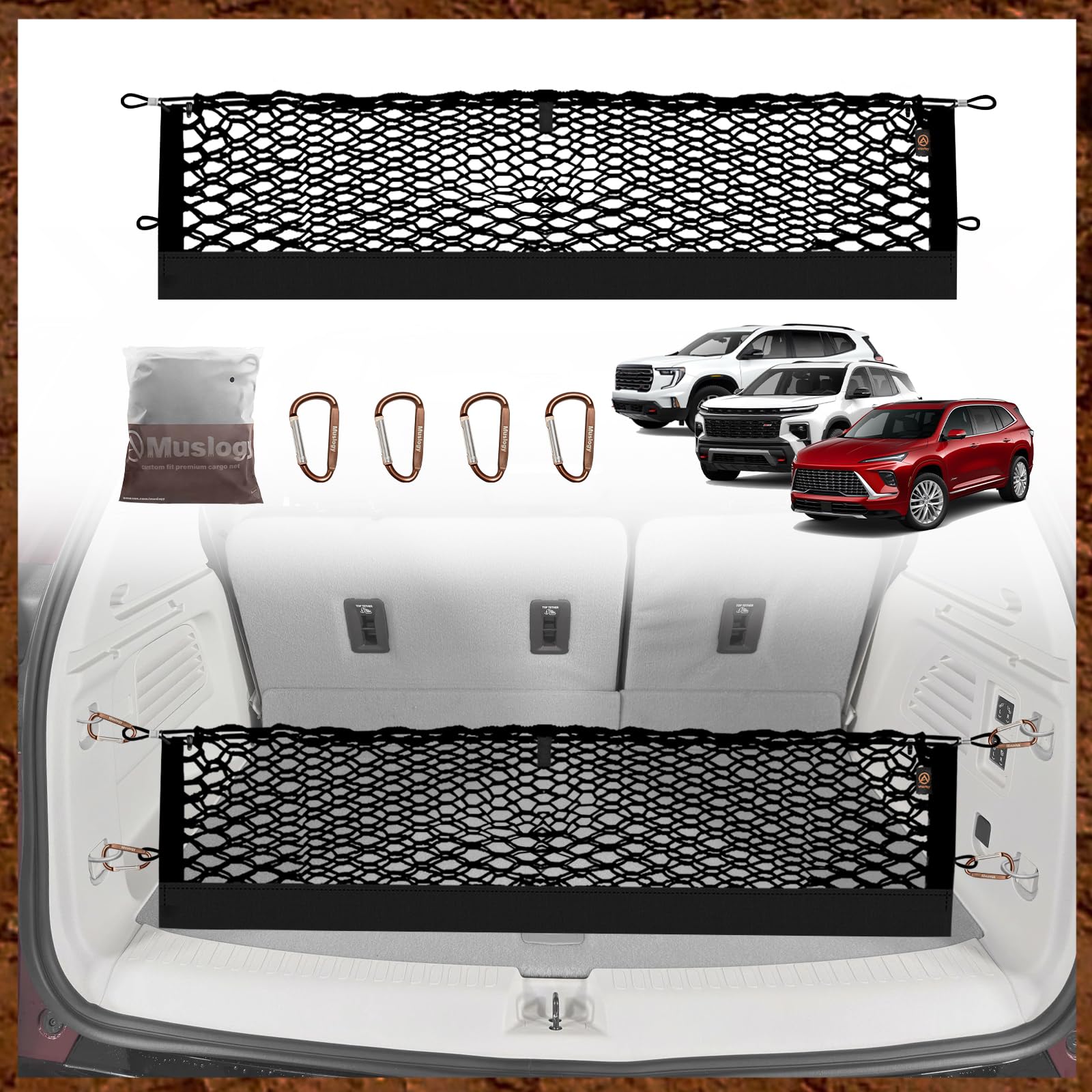 Muslogy Envelope Style Trunk Cargo Net Compatible with 2024 2025 GMC Acadia & Chevy Traverse & 2025 Buick Enclave Accessories Upgraded Mesh Storage Luggage Net with Metal Hooks
