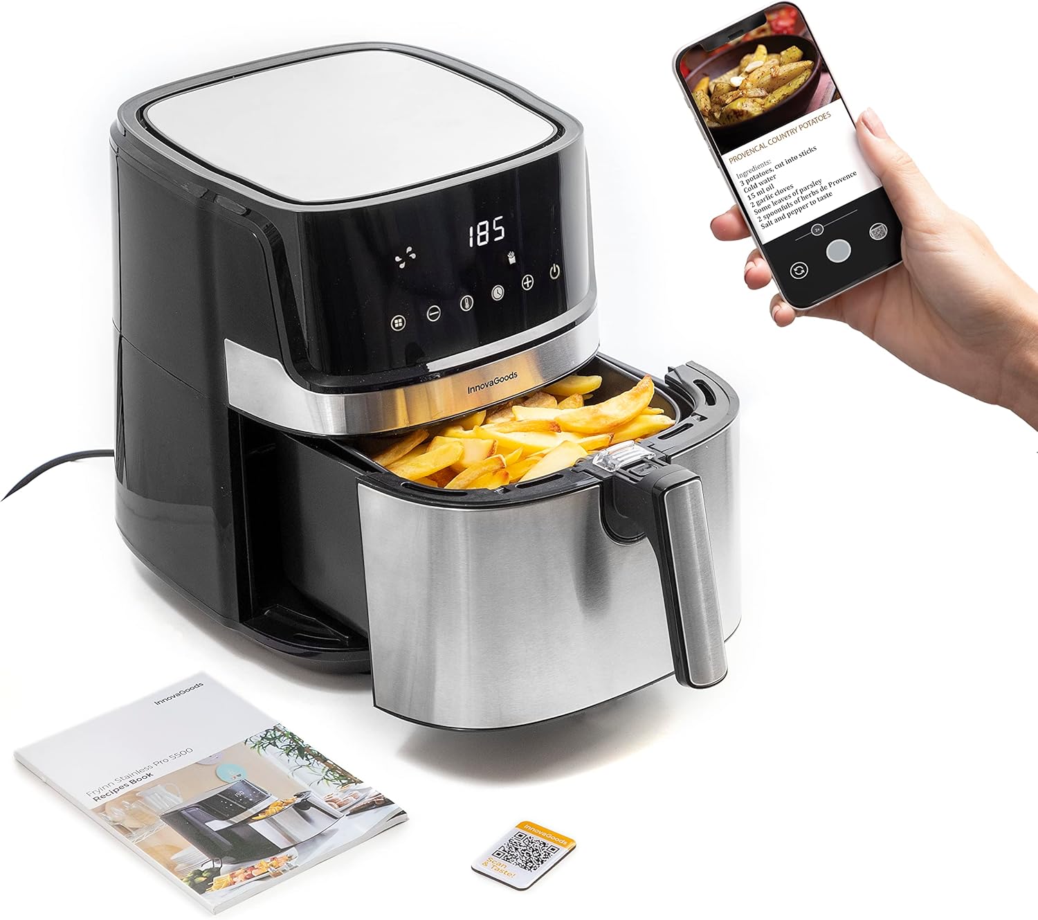 InnovaGoods® Friggitrice ad aria 5,5 litri, friggitrice 1700W, airfryer +100 ricette in IT, Friggitrice 8 programmi, touch screen, cestello antiaderente e flusso daria a 360° ideale per 3-5 persone InnovaGoods® Friggitrice ad aria 5,5 litri, friggitrice 1700W, airfryer +100 ricette in IT, Friggitrice 8 programmi, touch screen, cestello antiaderente e flusso daria a 360° ideale per 3-5 persone