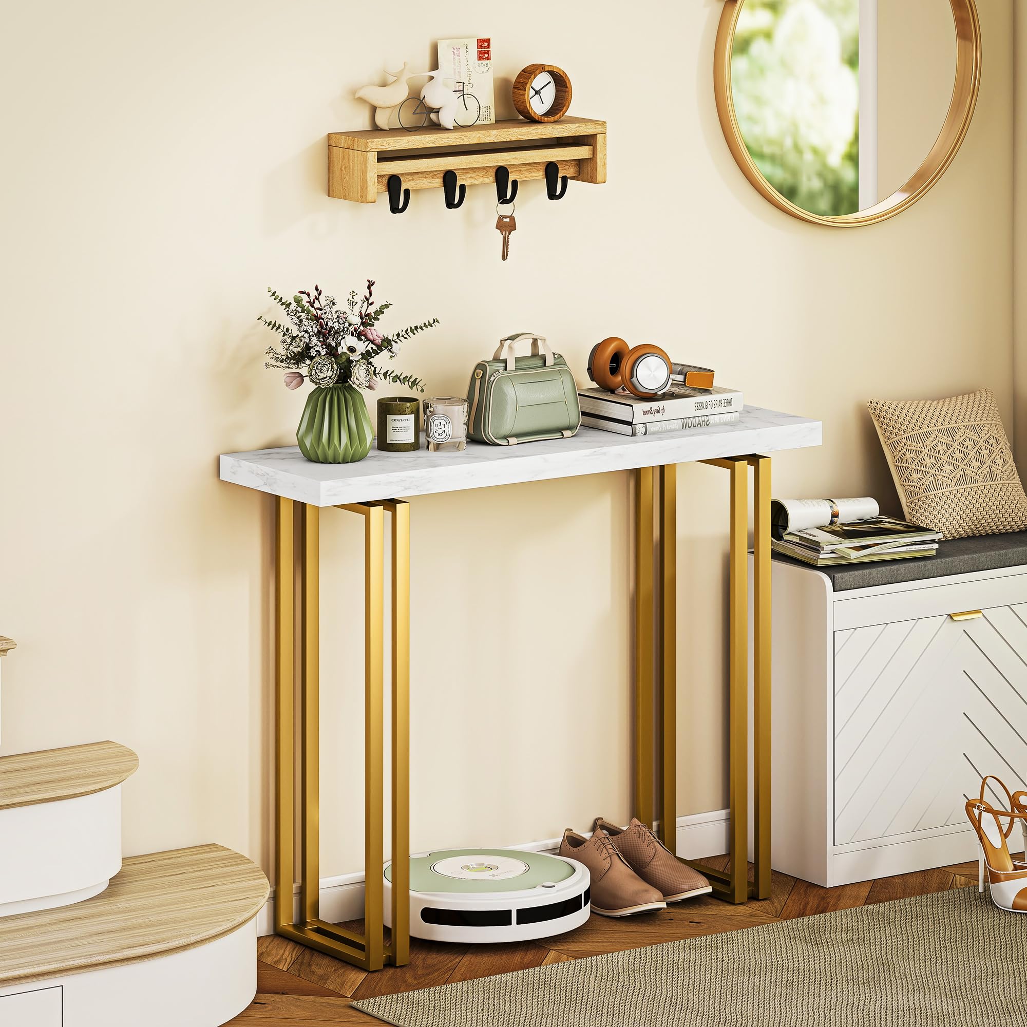 HOMCOM 100cm Tavolo console finto marmo anti-ribaltamento Bianco | Tavolo stretto ingresso, telaio acciaio, moderno tavolo divano lungo sottile, corridoio, soggiorno