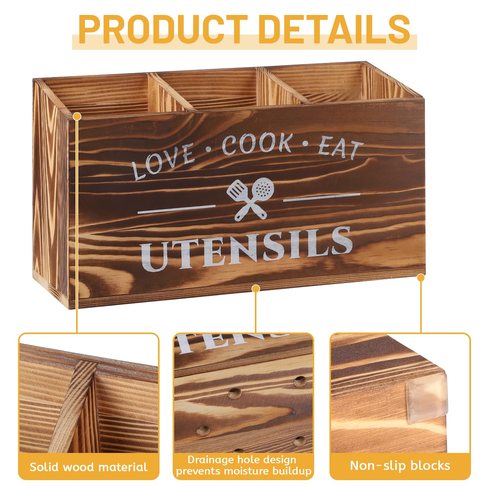 LALAGO 3 Scomparti per Utensili da Cucina in Legno, Organizer da Cucina, Portautensili da Cucina in Legno, Organizer per Piano di Lavoro Della, Decorazione Rustico Marrone