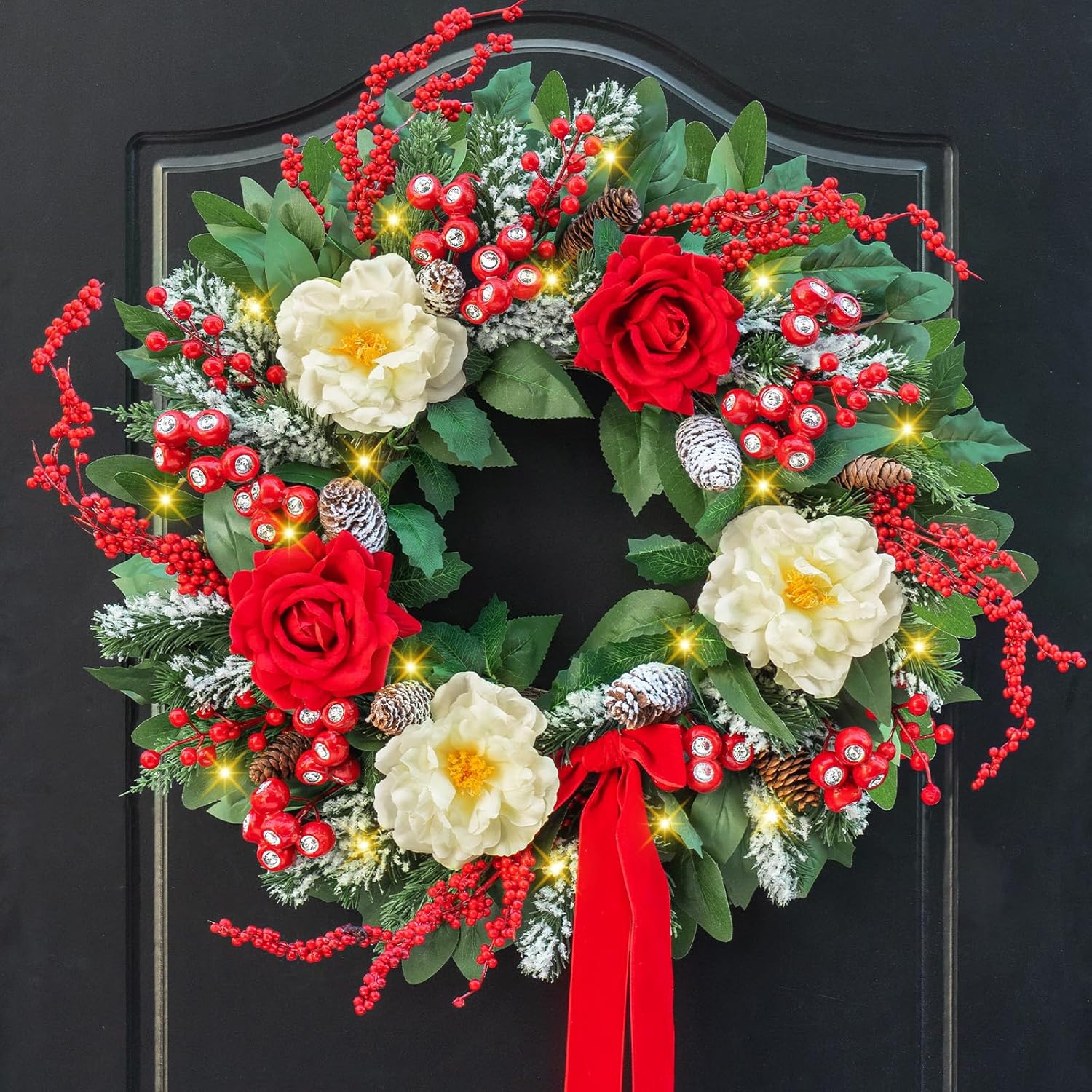 Christmas Wreaths for Front Door 24 Inch Prelit Holiday Wreath with Red Roses, White Peonies, Red Berries, Greenery & Velvet Bow Christmas Door Wreath Indoor Outdoor