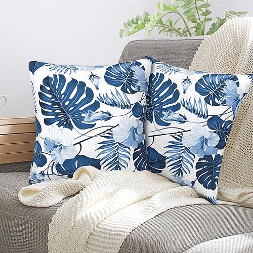 Miniatura 7 de Juego de 2 fundas de almohada de hojas azules de palmera de 18 x 18 pulgadas, juego de 2 fundas de almohada florales hawaianas, arte abstracto,
