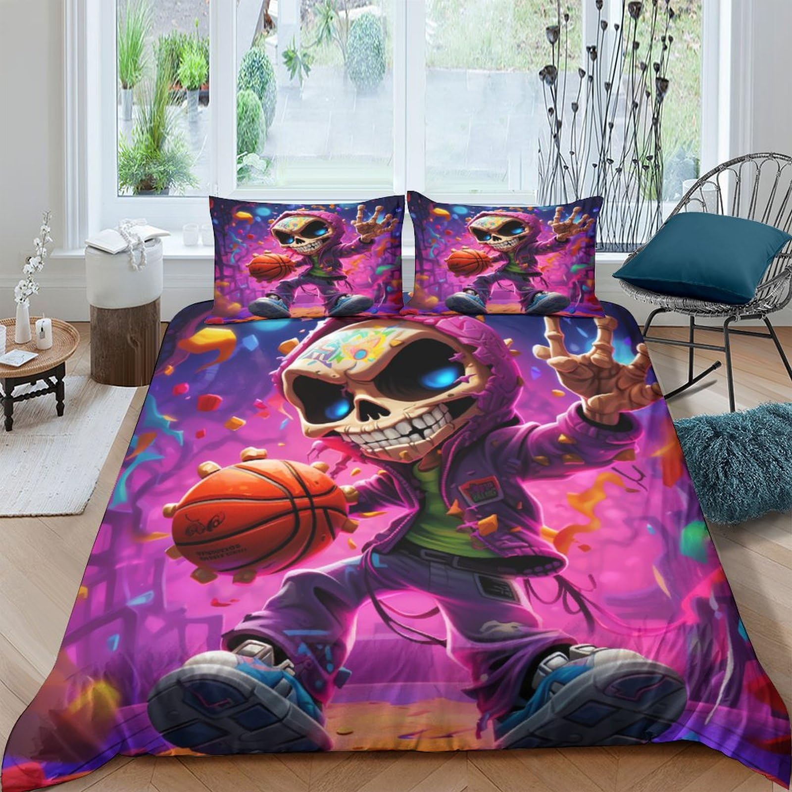 Housse de couette basketball 3 pièces lit 2 personnes avec taies d'oreiller fermeture éclair