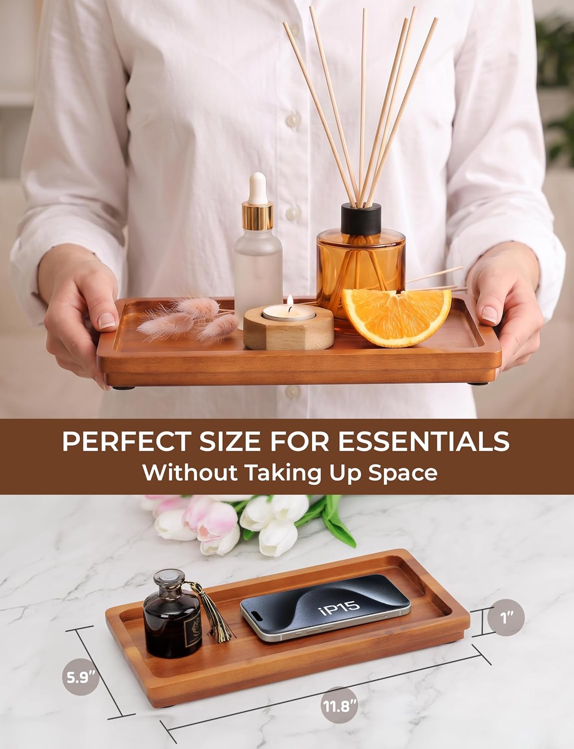 Demigo Bathroom Vanity Tray, Natural Acacia Organizer Tray, 11.8 x 5.9 in | Wooden Countertop Holder for Cosmetics Jewelry Candle & Keys, Decorative Tray for Toilet Tank, Kitchen & Sink Decor