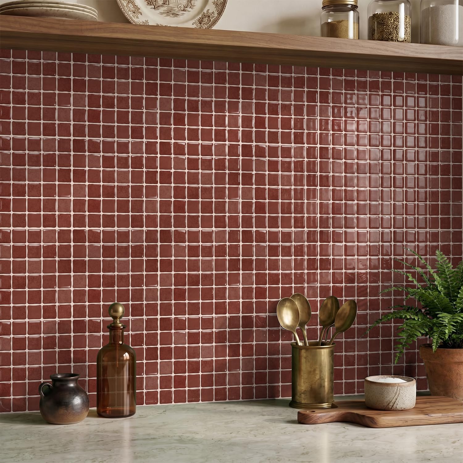 Alwayspon 15x15cmx10Pcs 3D Mosaic Self Adhesive Wall Tile Sticker Transfers, Peel and Stick Adhesive Waterproof Splashback Stick on Tile Decals for Kitchen Bathroom Wall, Red โ image 1