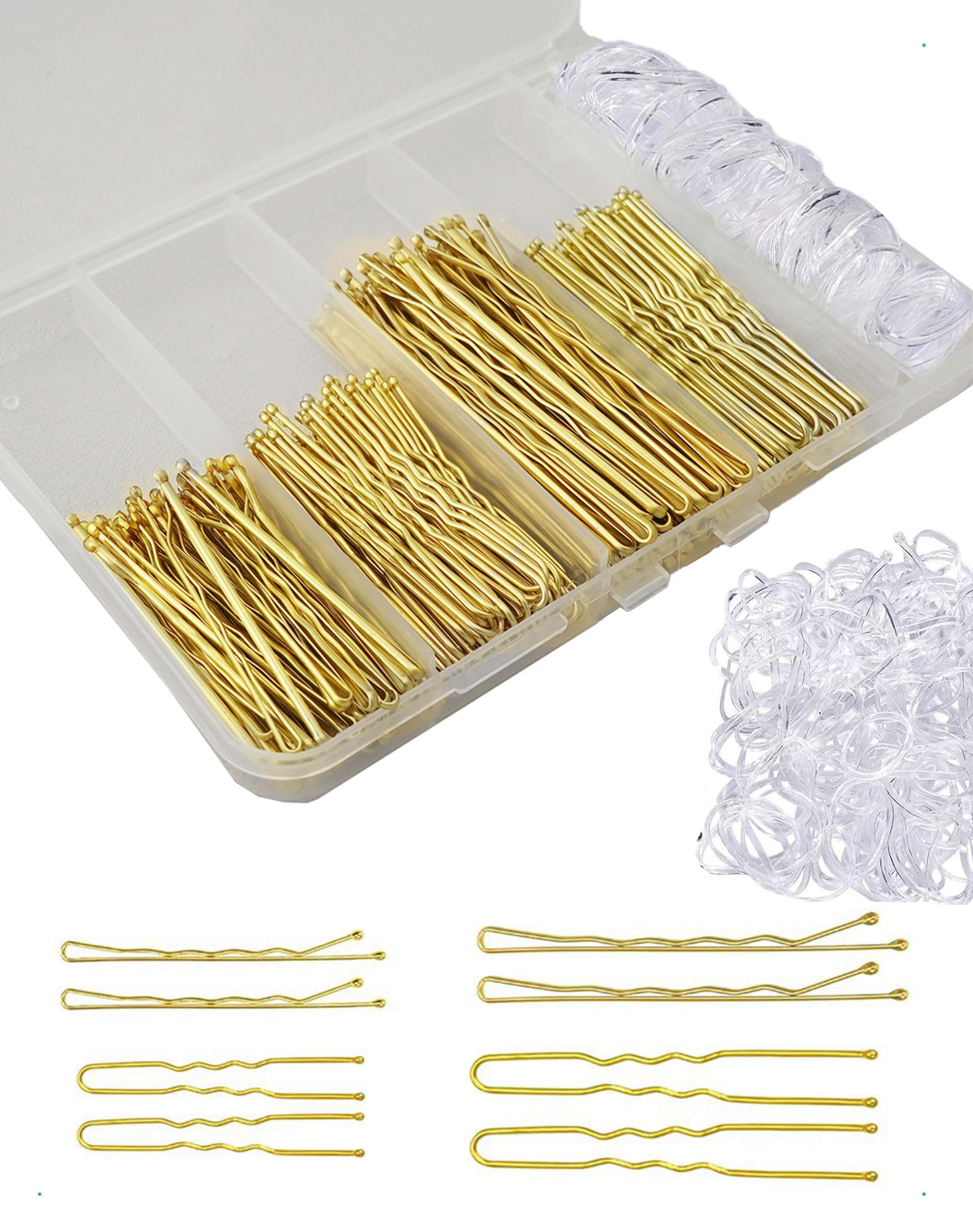 300 piezas de horquillas para mujer, horquillas metálicas, 5 cm, 6 cm, 7 cm, pinzas para moños, accesorios invisibles cabello, tiras transparentes cabello, con caja de almacenamiento, doradas