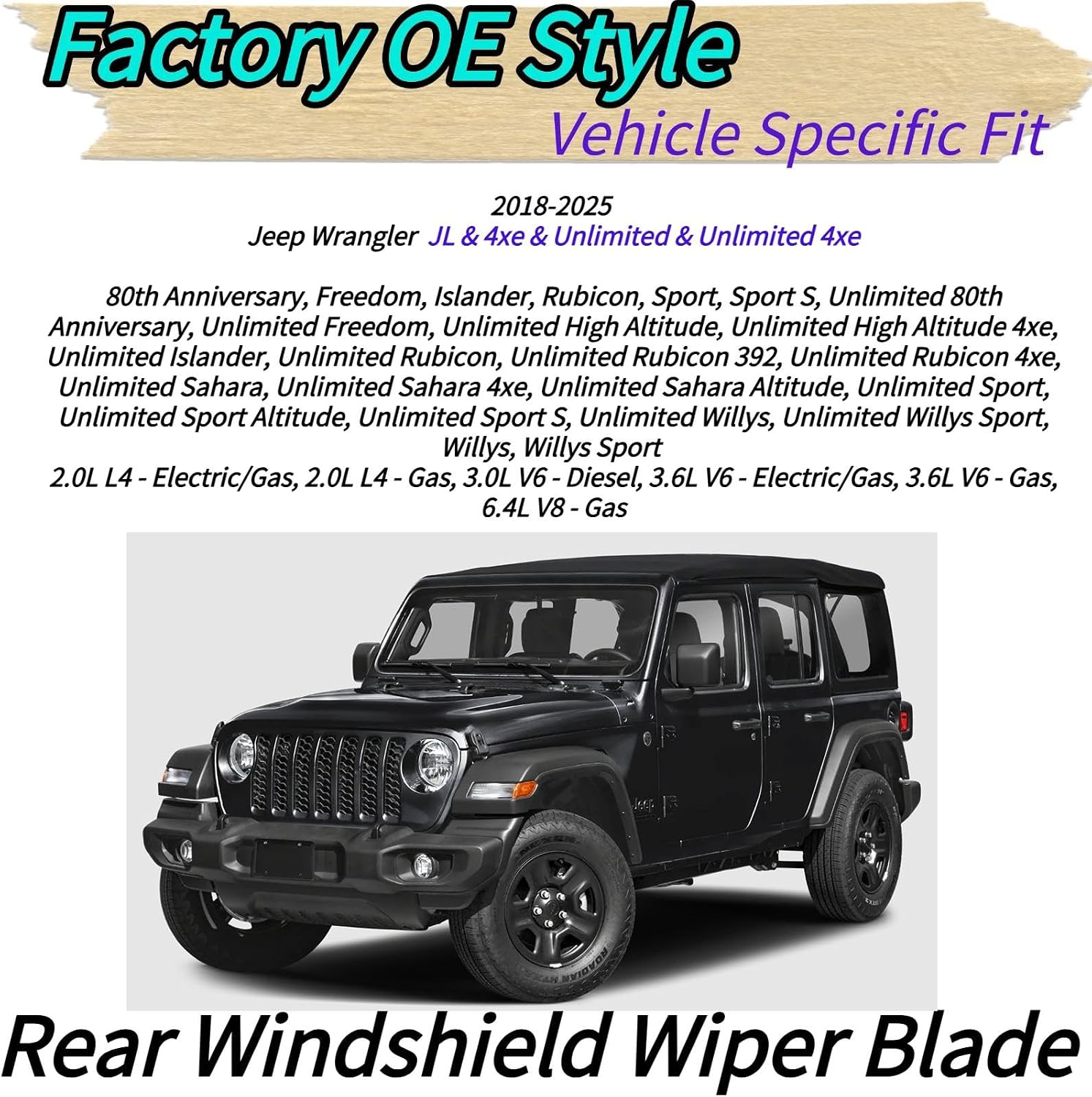 Rear Back Windshield Wiper Blade Arm Set for Jeep Wrangler JL 4xe Unlimited 2018-2025 for Freedom Islander Rubicon Sahara Willys Altitude Sport S Models for 2025 2024 2023 2022 2021 2020 2019 2018