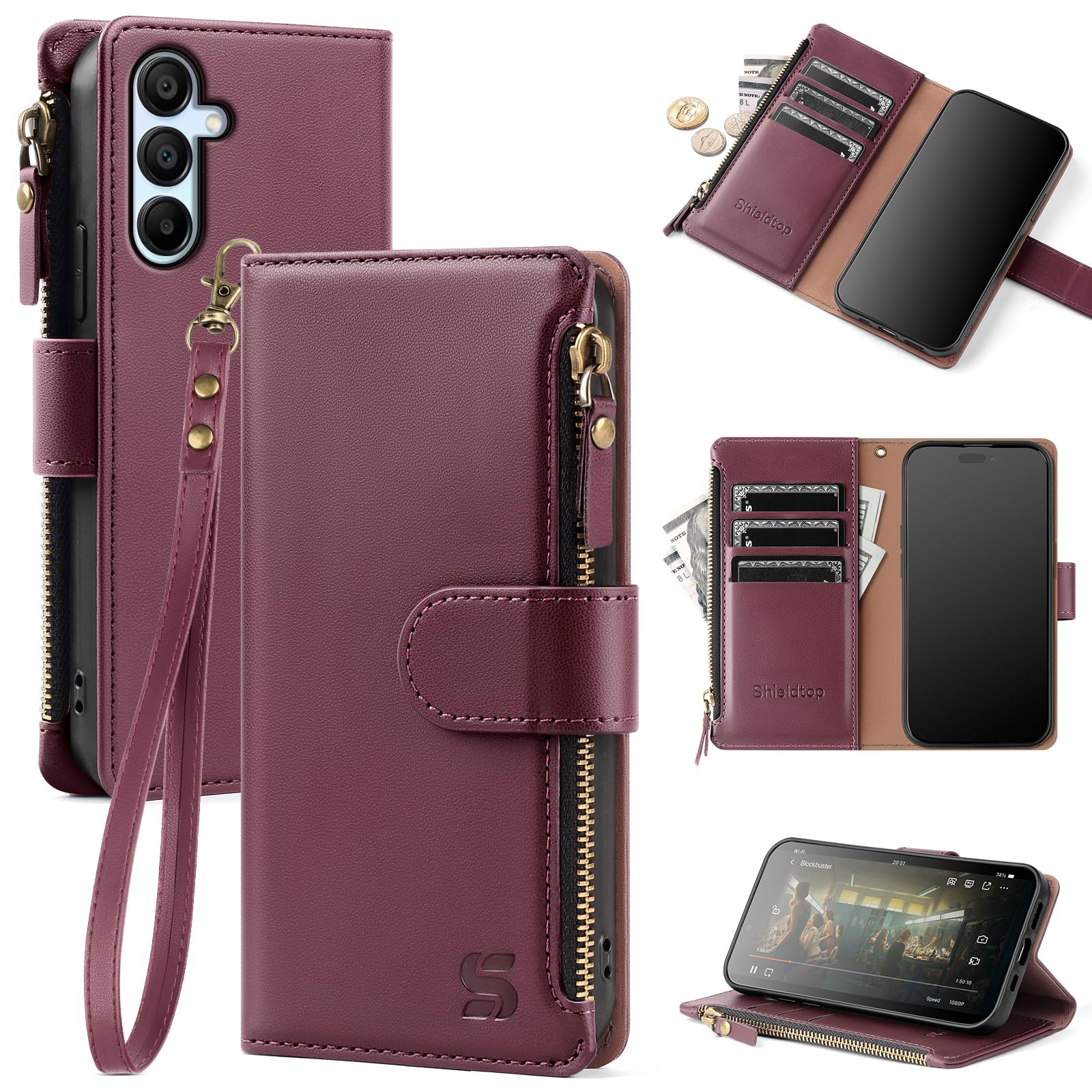 Compatible with Samsung Galaxy A15 5G Wallet Case with Card Holder,PU Leather Phone Case Flip Protective Cover Wrist Strap Zipper Pocket Credit Card Slots RFID Blocking Women Men,Wine Red