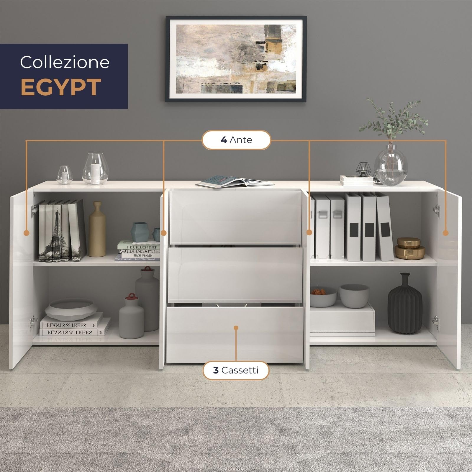 WHOUS Credenza e Buffet EGYPT per Soggiorno con 4 Ante e 3 Cassetti, Madia per Salotto, Cucina e Sala da Pranzo in Legno, 200x40x80 cm, Bianco Laccato Lucido