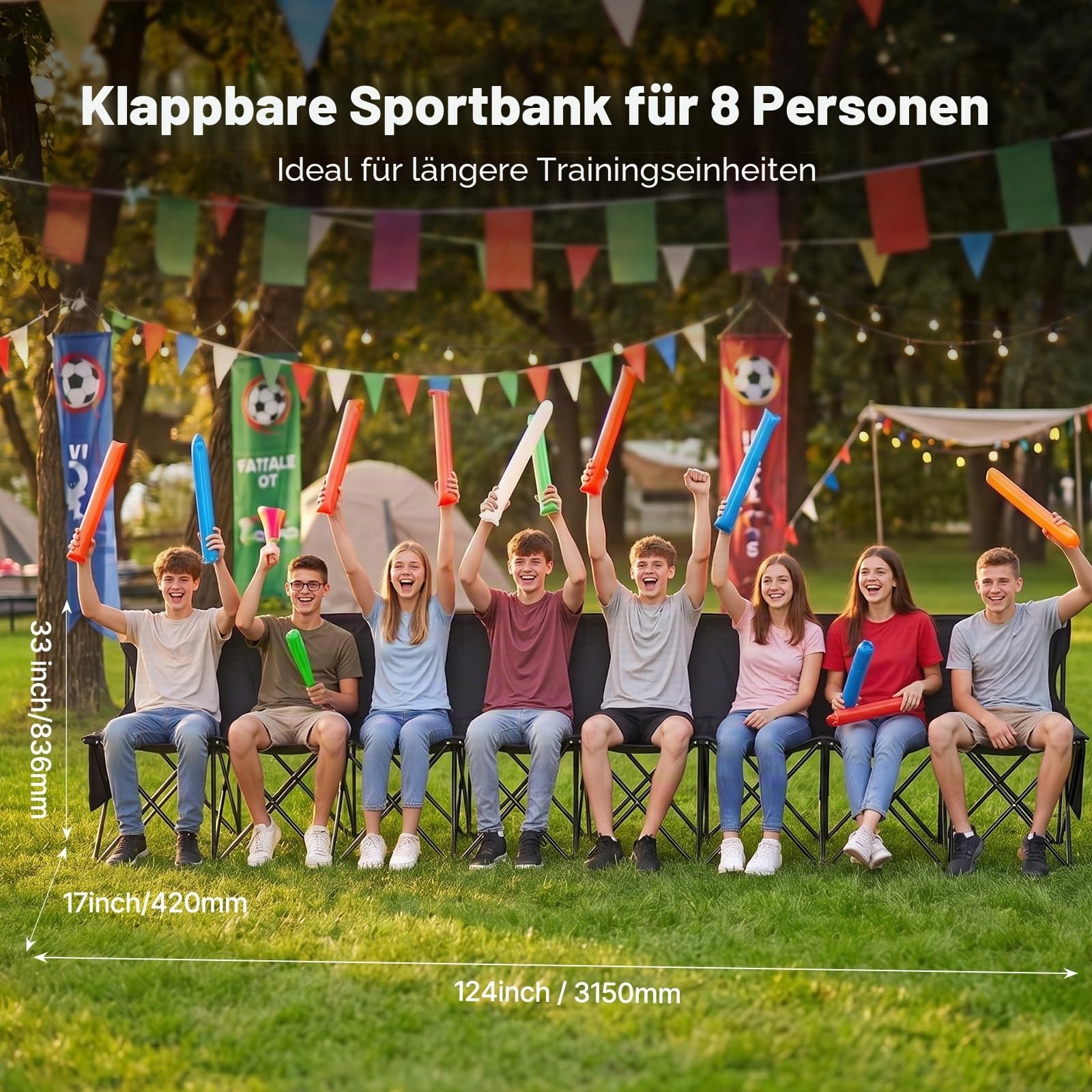 VEVOR Tragbare Faltbank 6-Sitzer Campingbank mit Tragetasche und Rückenlehne, Seitenbank für Fußball, Angeln, 6-Sitzer, 8-Sitzer