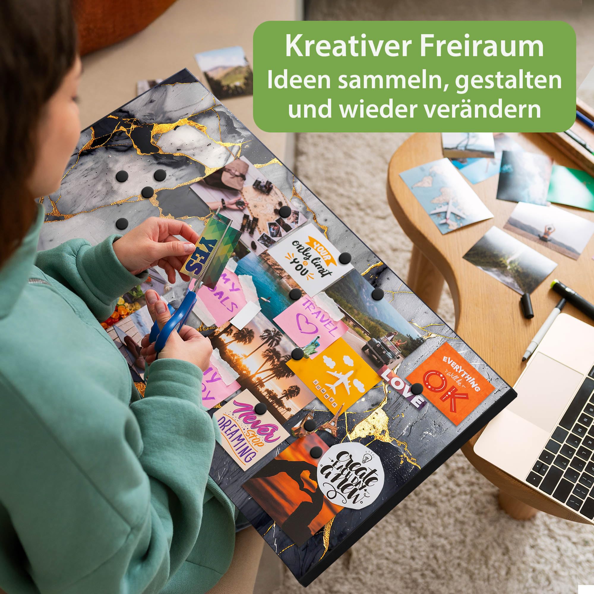banjado Magnettafel Metall 78 x 37cm - beschreibbare Magnettafel - Metall Pinnwand als Memoboard - Magnetwand Küche, Büro, Kinderzimmer Schwarz inkl. 4 Magnete & Montageset - Motiv Schwarzer Marmor mi