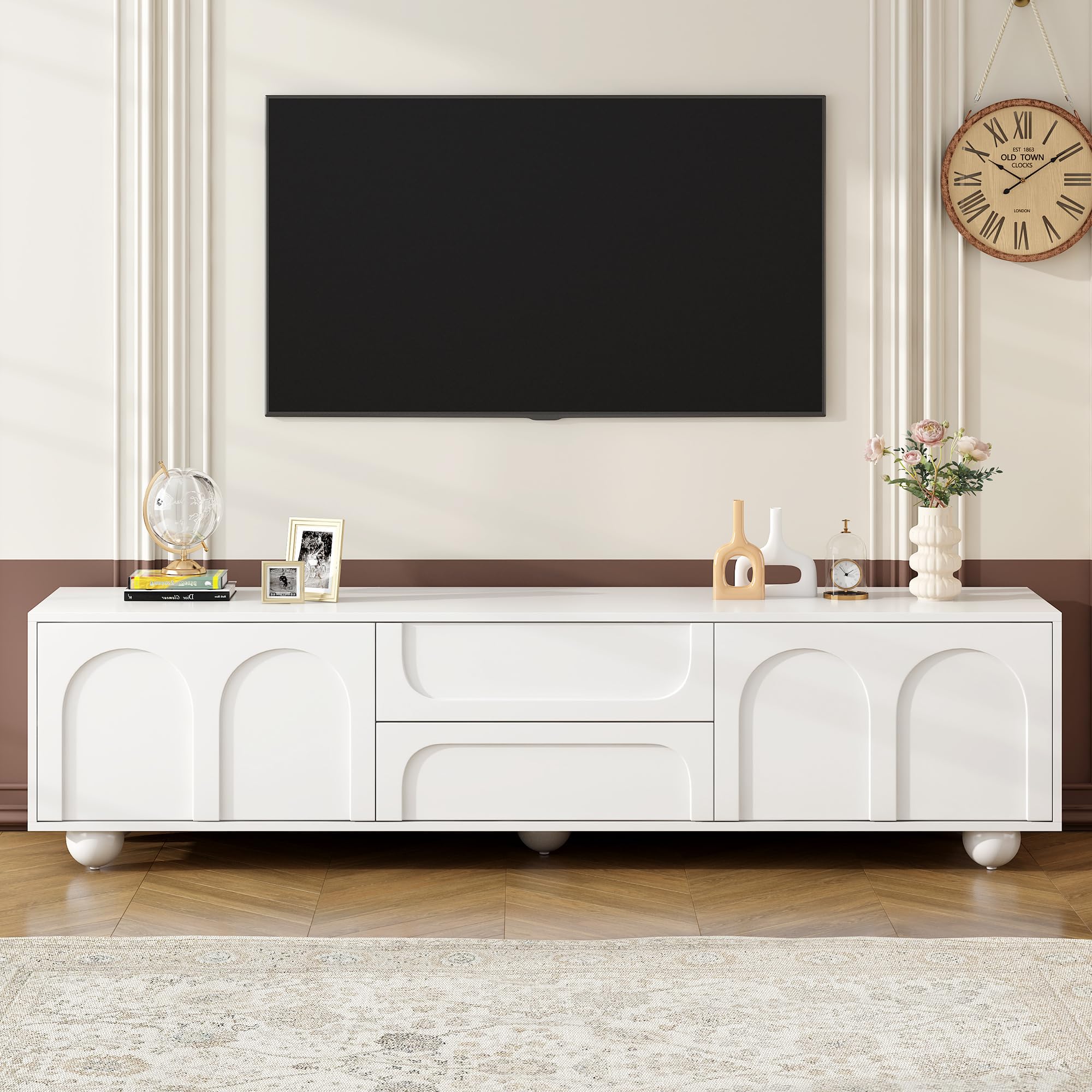 RuiSiSi TV Stand with 2 Drawers, Arched Doors Entertainment Center with 5 Iron Round Legs, 69.6'' Cream Style Media Console for TVs up to 75'', with