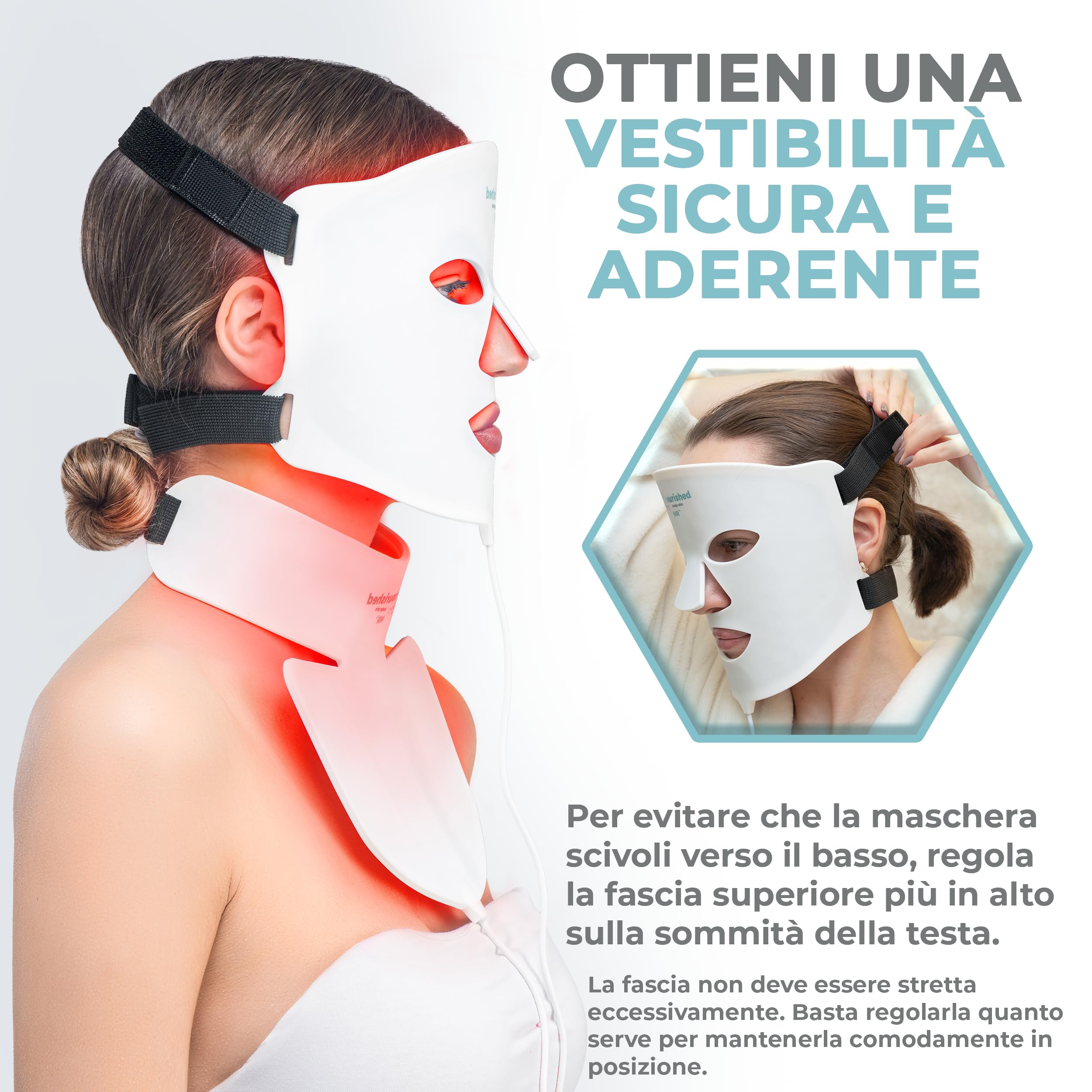 Nourished Bodynskin Maschera LED a 7 Colori per Viso e Collo con Infrarossi Vicini - Terapia della Luce Blu, Rossa per il Viso - 912 LED - Strumento per la Cura della Pelle Anti-Età