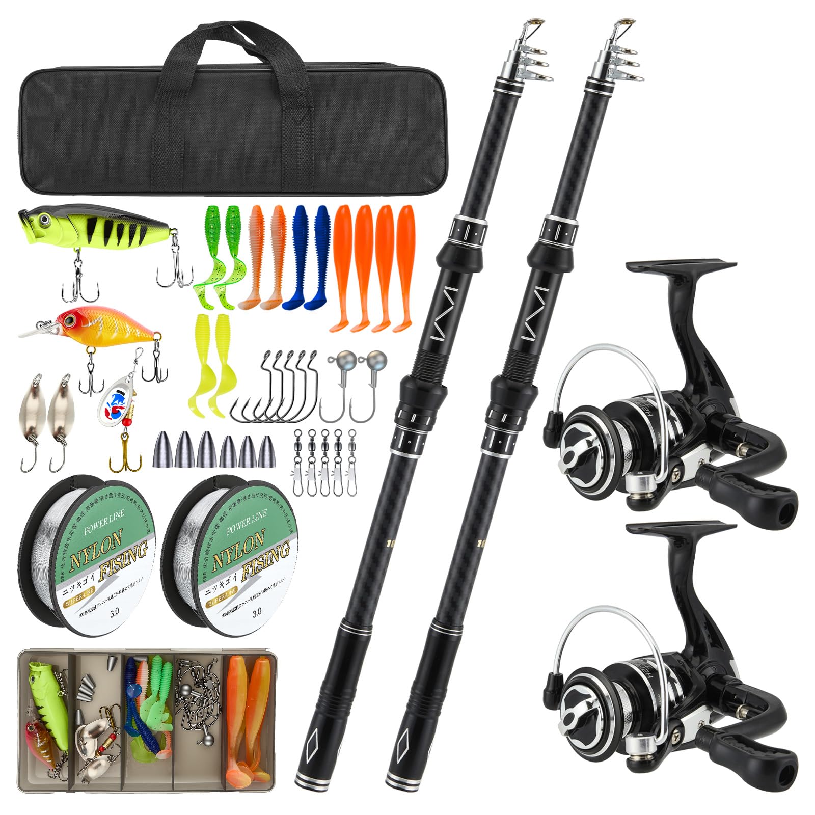 Angelset mit 2 Teleskop-Angelruten, 1,8m Kohlefaser-Angelrute Set Komplett 2 5.2:1 Spinnrolle, Köderbox & Tragetasche für Salzwasser Süßwasse Fishing