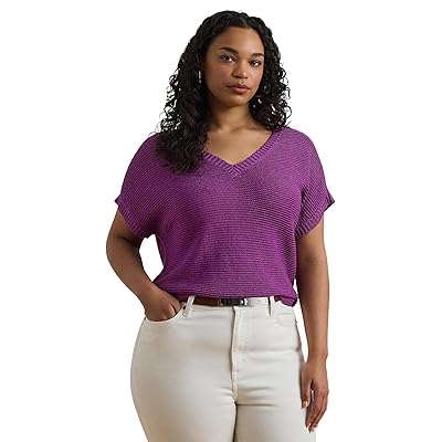 Lauren Ralph Lauren Plus Size Linen Blend Short Sleeve V Neck Sweater Women