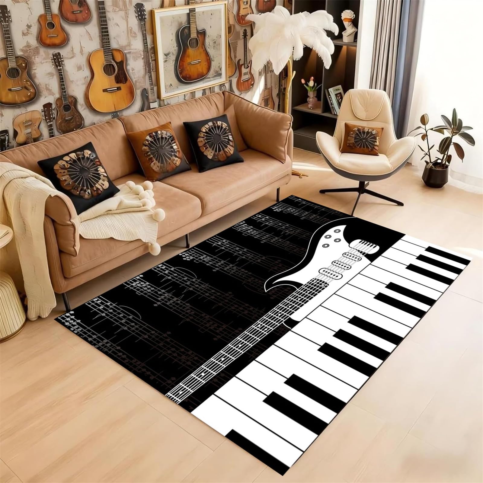 Electric Guitar Music Area Rug 180x260cm Classic Artistic Black And White Piano Key Music-Themed Carpet, Non-Slip and Machine Washable - Home Rug for Living Rooms Bedrooms Dining Rooms Offices