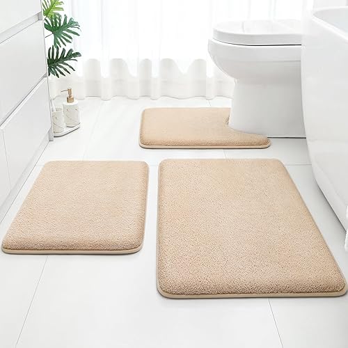 HOMEIDEAS Juego de 3 alfombras de baño mejoradas, extra gruesas, absorbentes, suaves, de espuma viscoelástica, lavables (beige, 17 x 24 pulgadas +