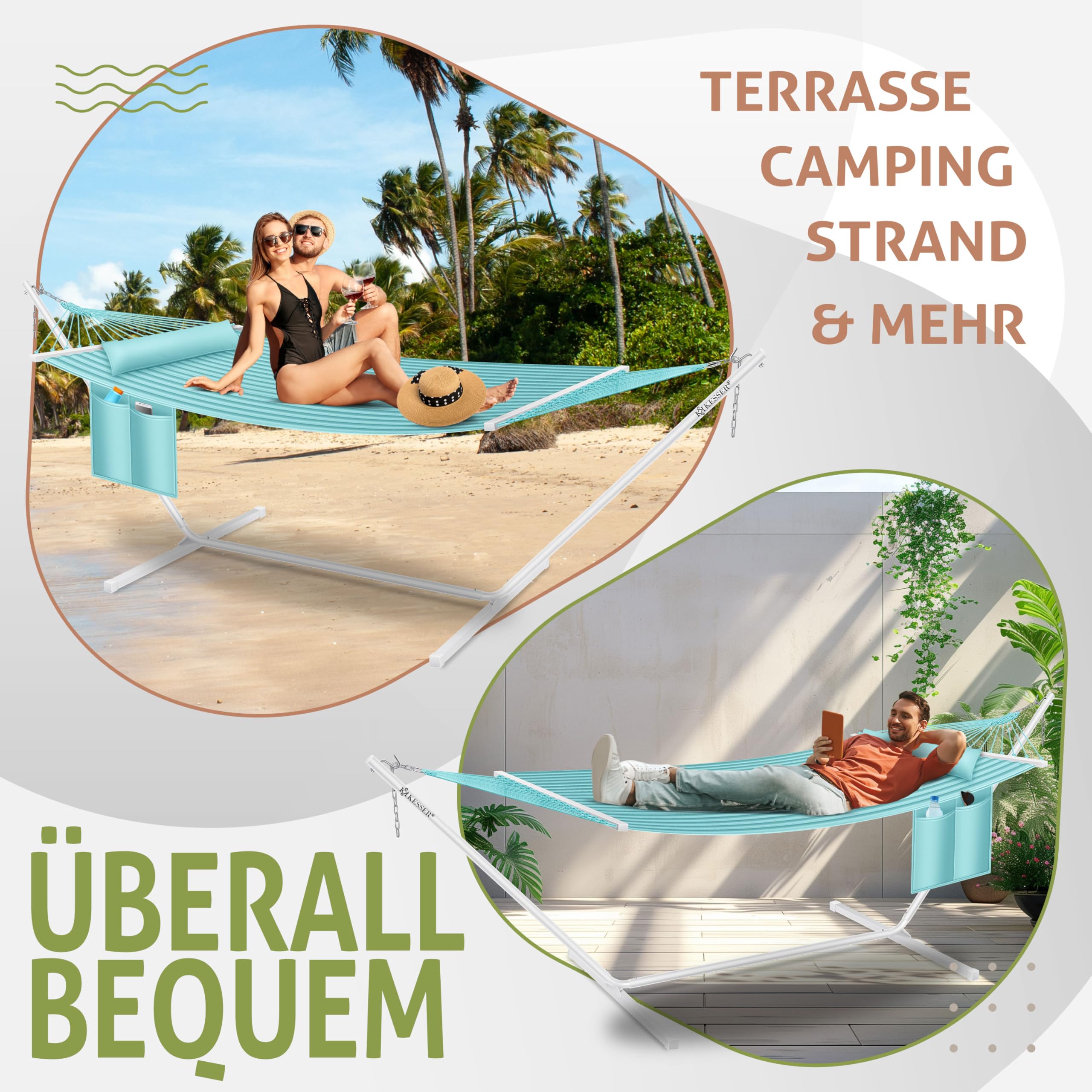 KESSER® Hamaca Hill con cojín estructural doble para 2 personas, marco estable, 200 kg, interior-exterior, XXL, gris/azul