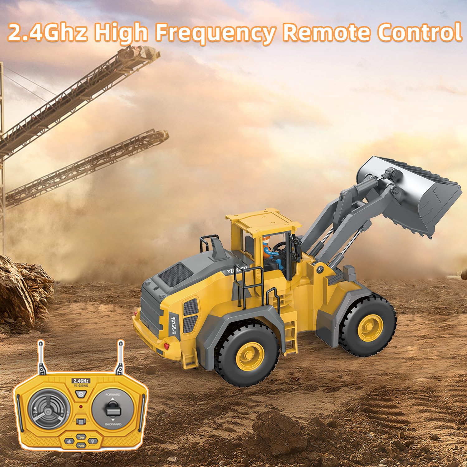 Cargador frontal teledirigido, 9 canales, vehículo de construcción RC (cargador) juguete con luz y sonido, 2,4 GHz, excavadora teledirigida para niños de 6, 7, 8, 9 y 10 años