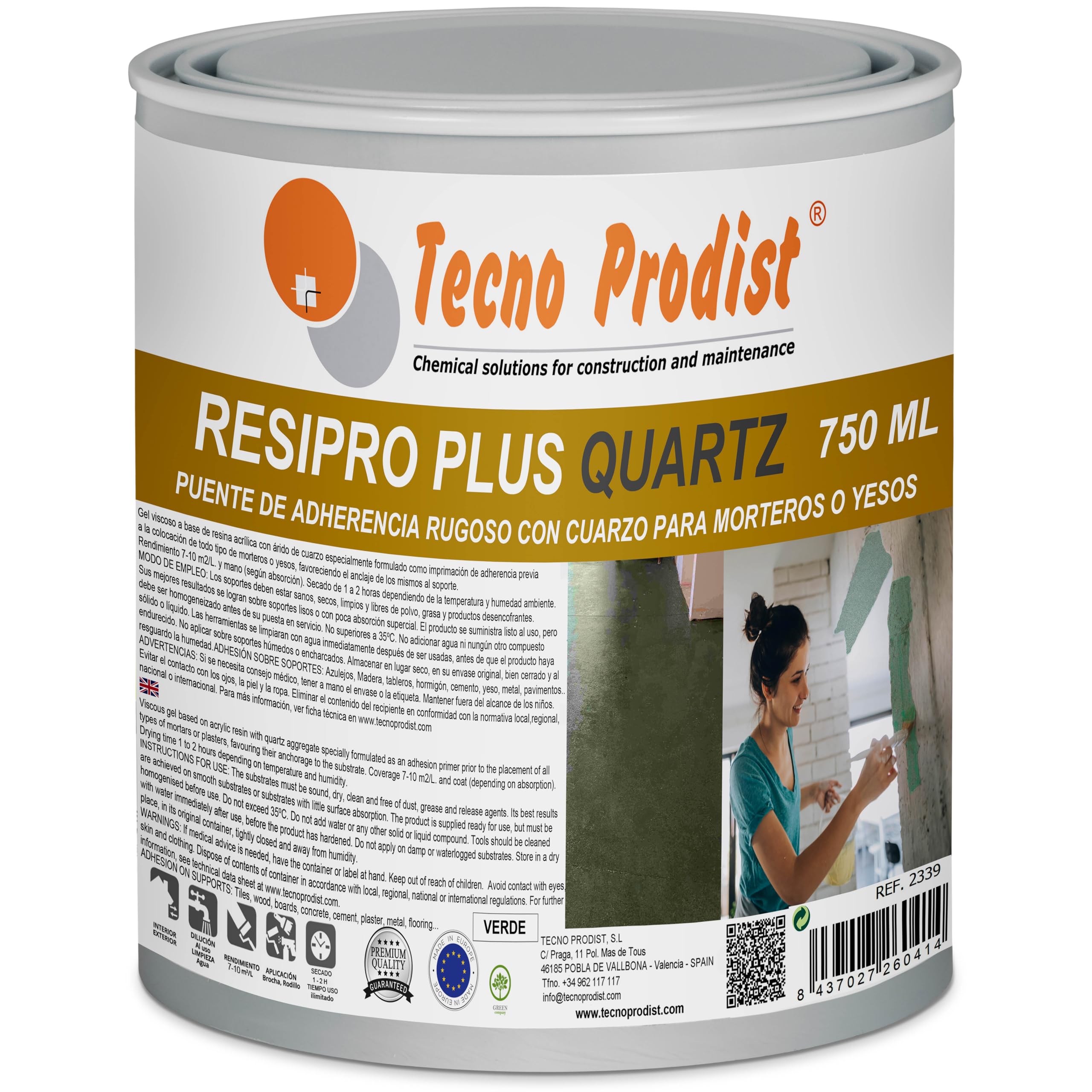 Tecno Prodist - RESIPRO PLUS QUARTZ (750 ml) Resina Puente de Unión con Cuarzo, adhesión rugosa sobre soportes lisos porosos y no porosos, para aplicación de morteros, yeso, baldosas, etc (verde)