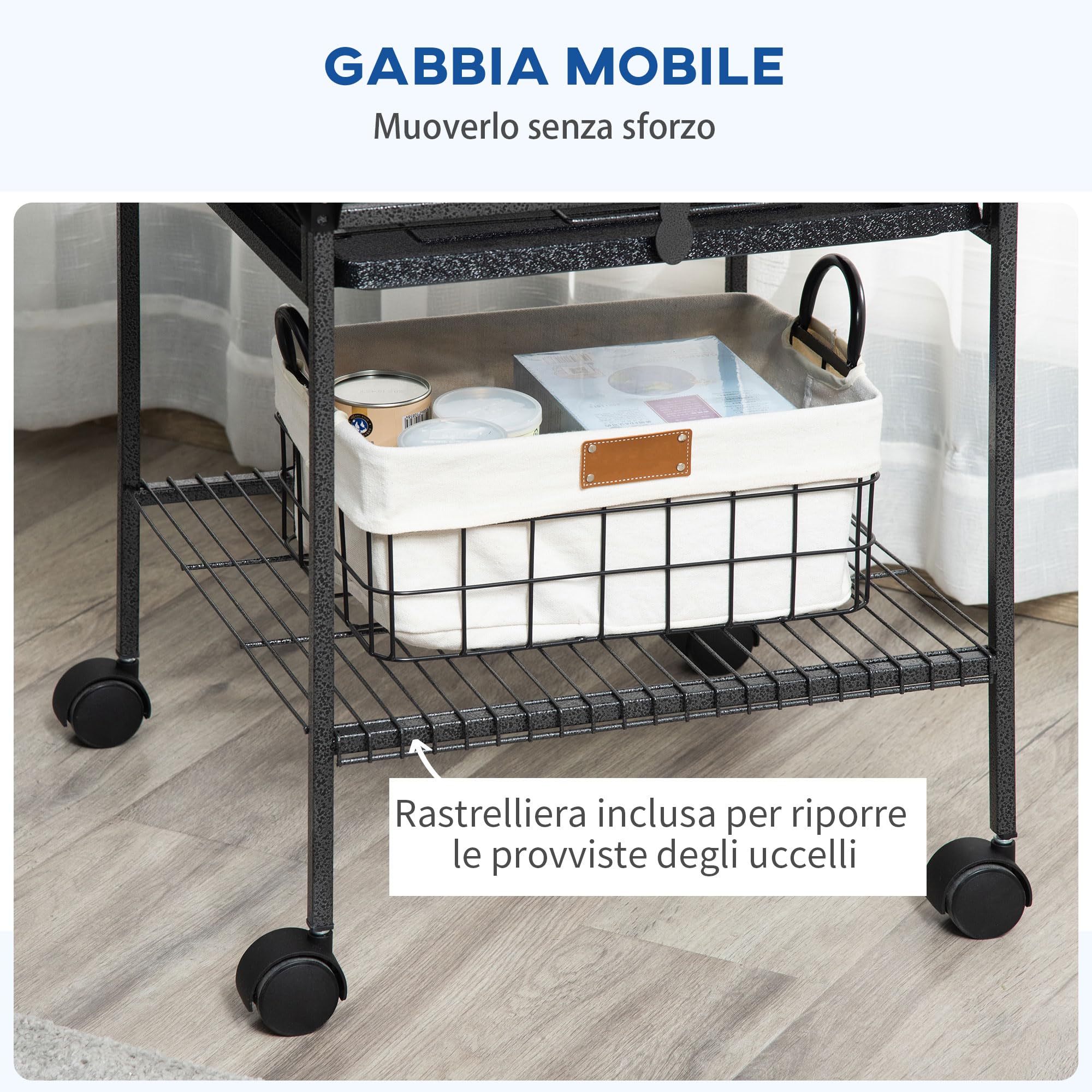 PawHut Gabbia per Pappagallini con 2 Posatoi in Legno e Scala ad Arco, Gabbia per Uccelli in Acciaio a Ingressi Multipli, 62.5x62.5x156 cm, Grigio
