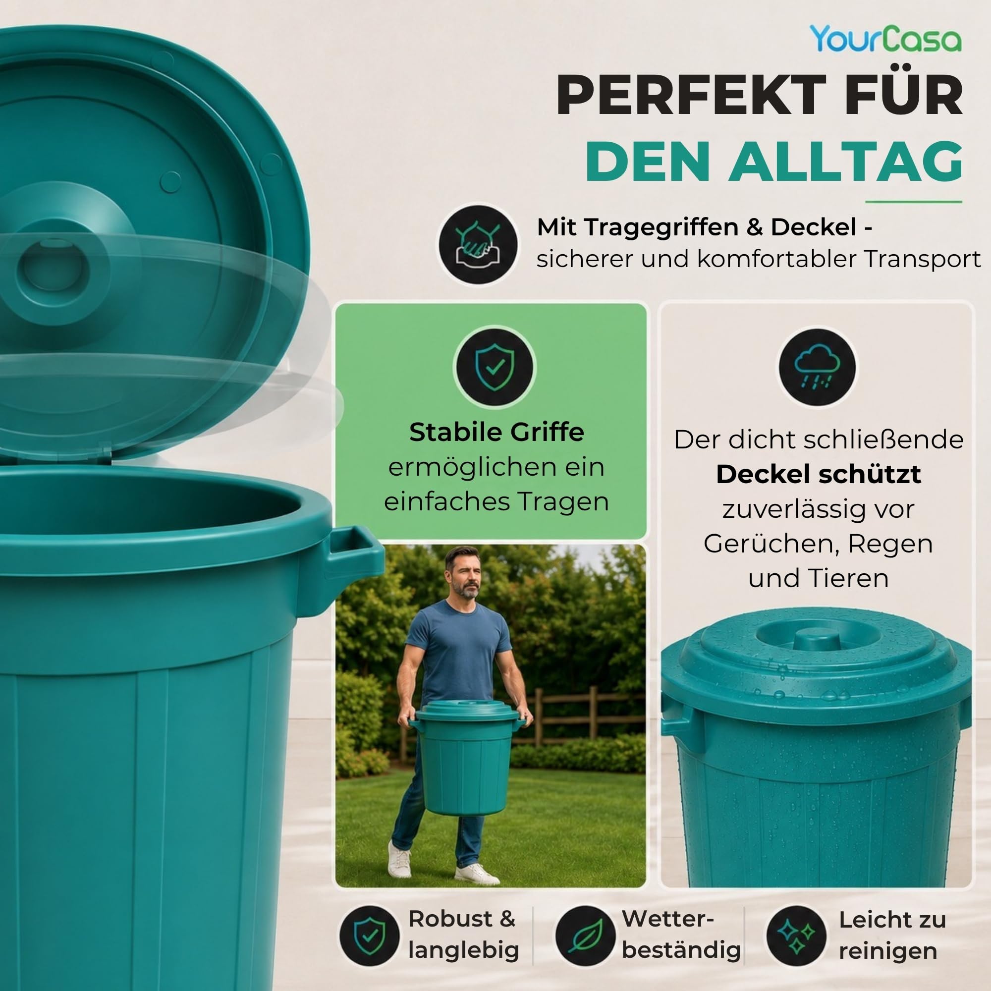 YourCasa Pojemnik na śmieci 2 x 50 l – kosz na śmieci z pokrywką – pojemnik z uchwytami do przenoszenia do ogrodu – pojemnik na pokarm lub deszczówkę, mały pojemnik na wodę – mały uniwersalny pojemnik