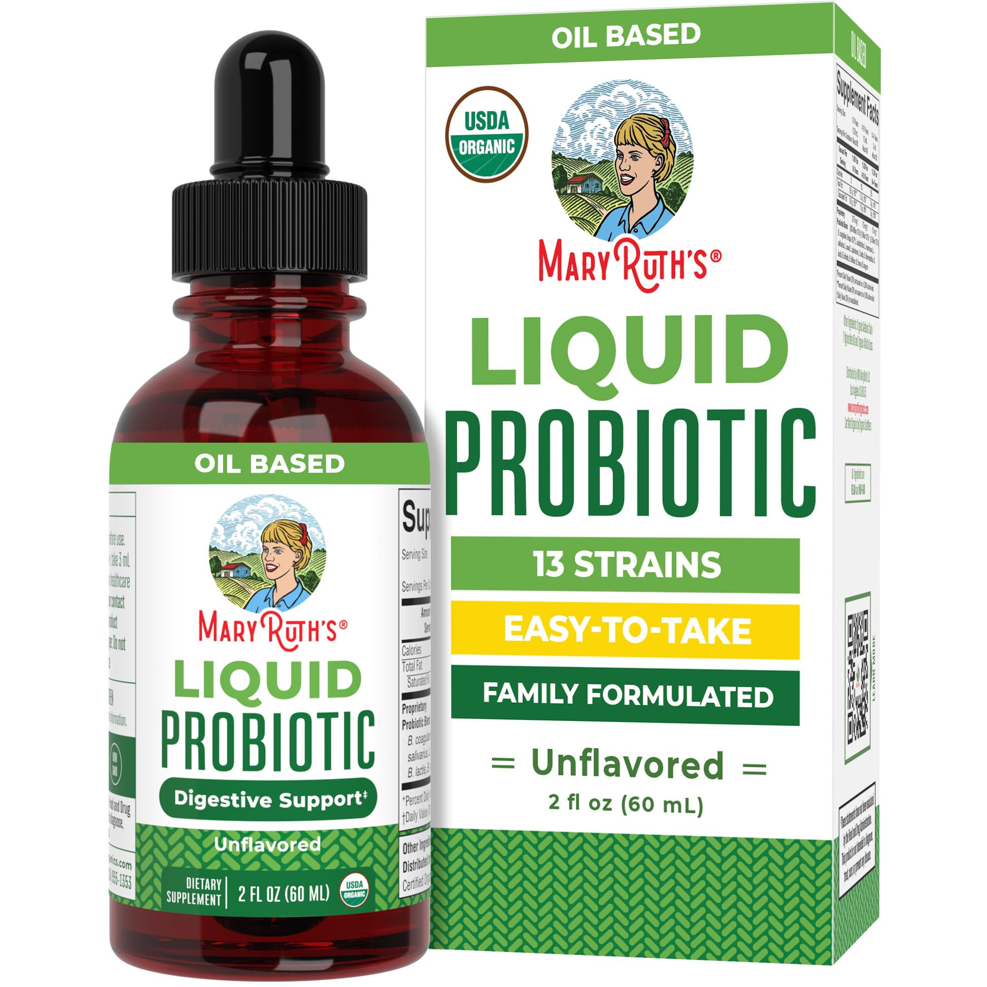 MARYRUTH'S Organics Liquid Probiotic for Ages 4+ | 2 Billion CFU | 13 Probiotic Strains | Gut Health & Digestive Support | Gas & Bloating Support | Vegan | Gluten Free | Travel-Friendly