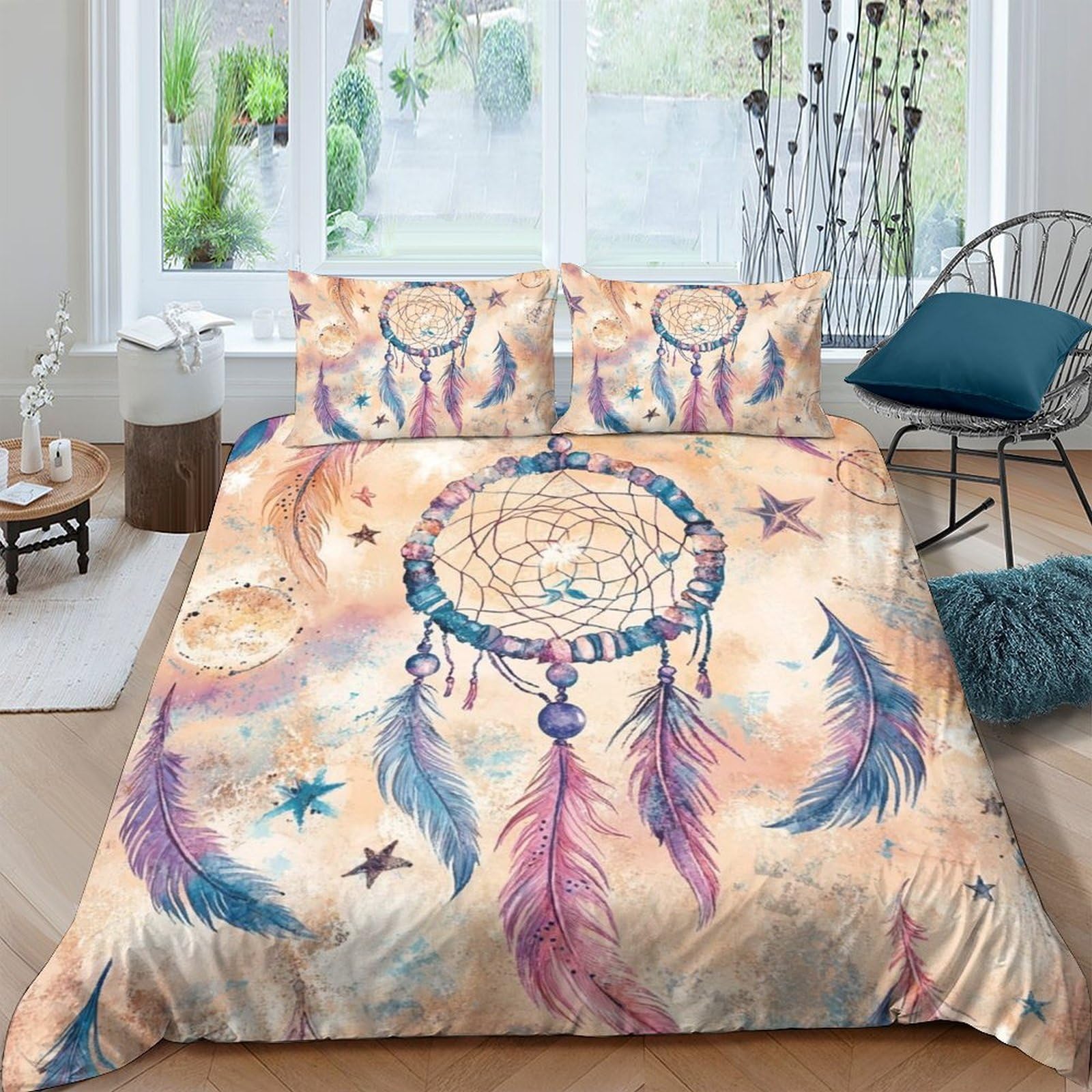 GPLZQXKJNH 3D Printed Dreamcatcher Duvet Cover Microfiber Soft Boho Feather Bedding Set with 2 Pillowcases for Bedroom Decor Single（135x200cm）