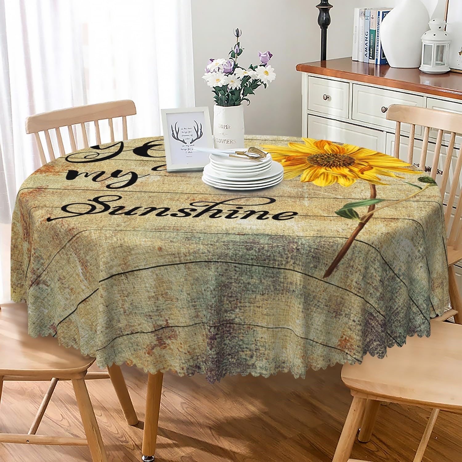 TTQYFNM Sunflower Wood Grain Round Tablecloth 36 Inch You are My Sunshine Rustic Yellow Flower Table Cloth Vintage Wooden Waterproof Table Cover for