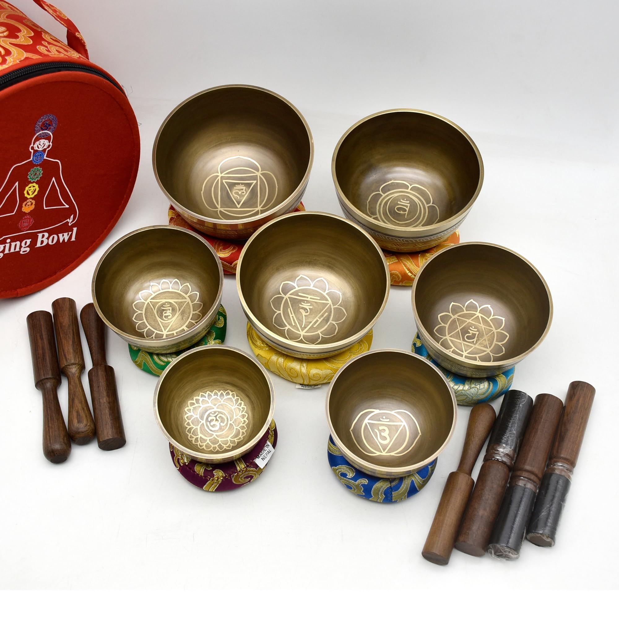 Photo 1 of Natural Kasa Thado Singing Bowl Set of 7 Chakras – Handcrafted Tibetan Bronze Singing Bowls from Nepal with Mallets, Cushions & Carry Case – Sound Healing, Meditation, Yoga & Reiki Set