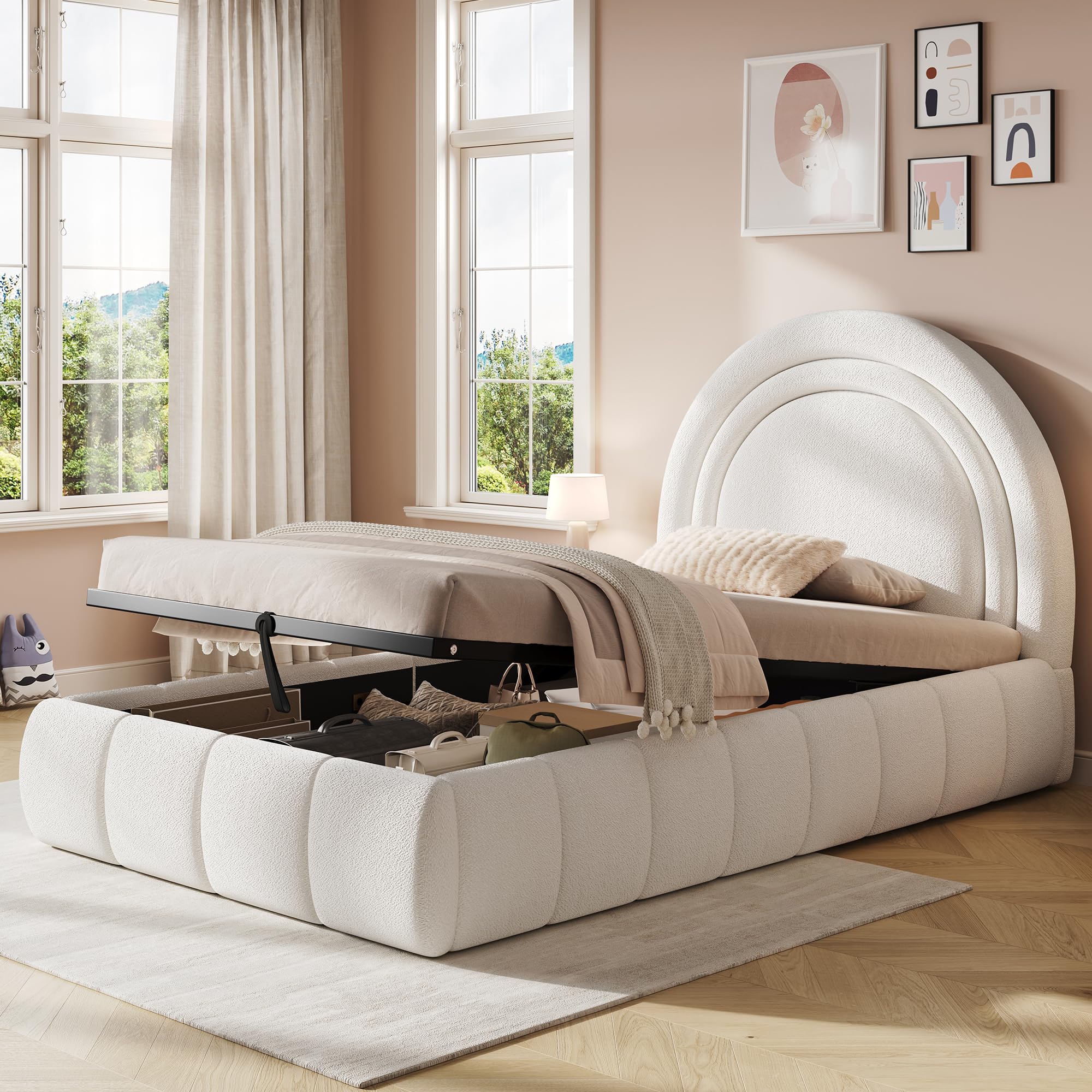 Mrwoo Polsterbett 90x200 cm mit Hydraulikfunktion und Großem Stauraum, Einzelbett mit Kopfteil, Kinderbett, Stauraumbett, Bouclé, Beige-B(Ohne Matratze)