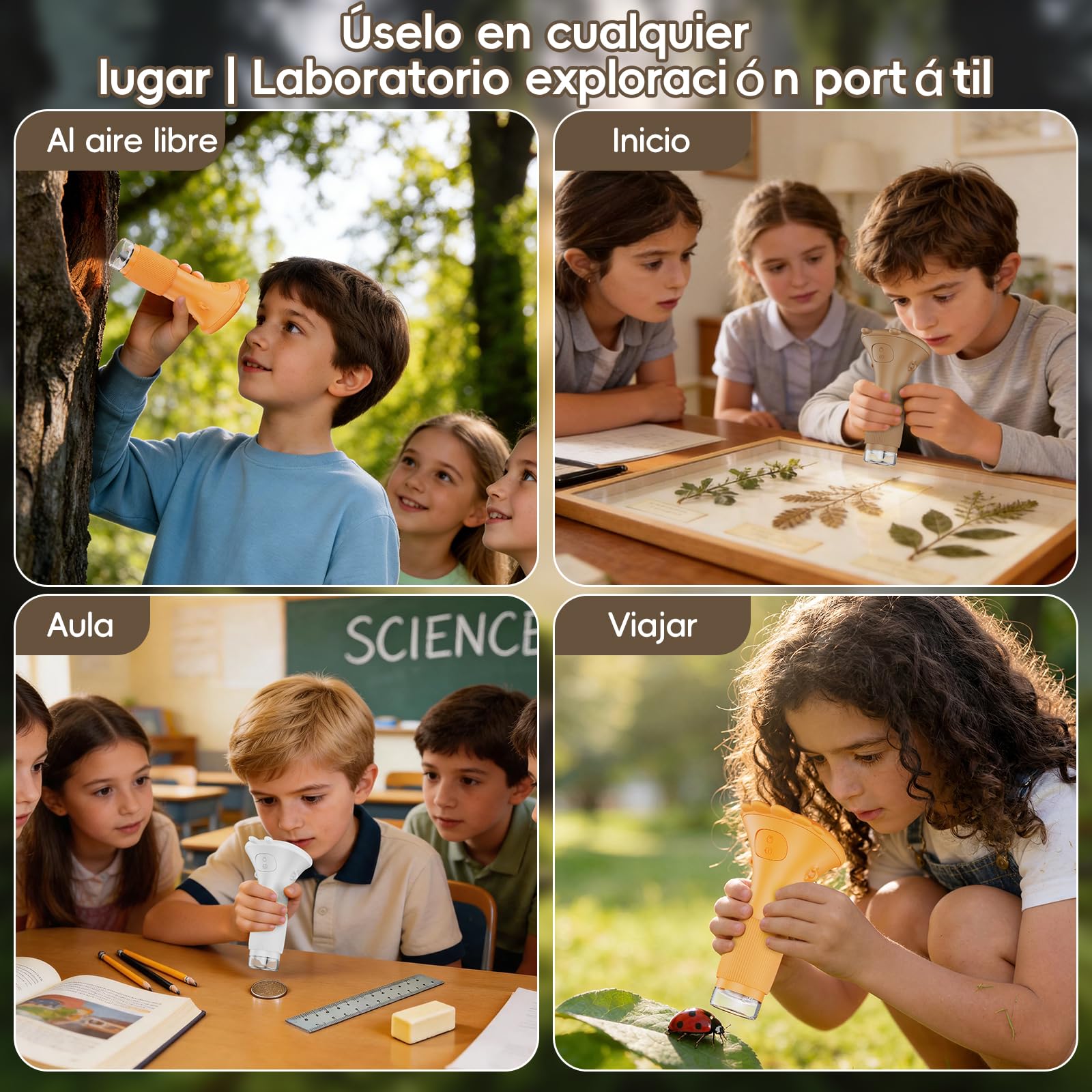 Microscopio Portatile Niños Zoom 1000x - Microscopio Digital Mini Recargable, Microscopi con Pantalla, 8 Luces LED, Ciencia Experimentos Juguetes para Cumpleaños/Navidad/Año Nuevo(Marrón)