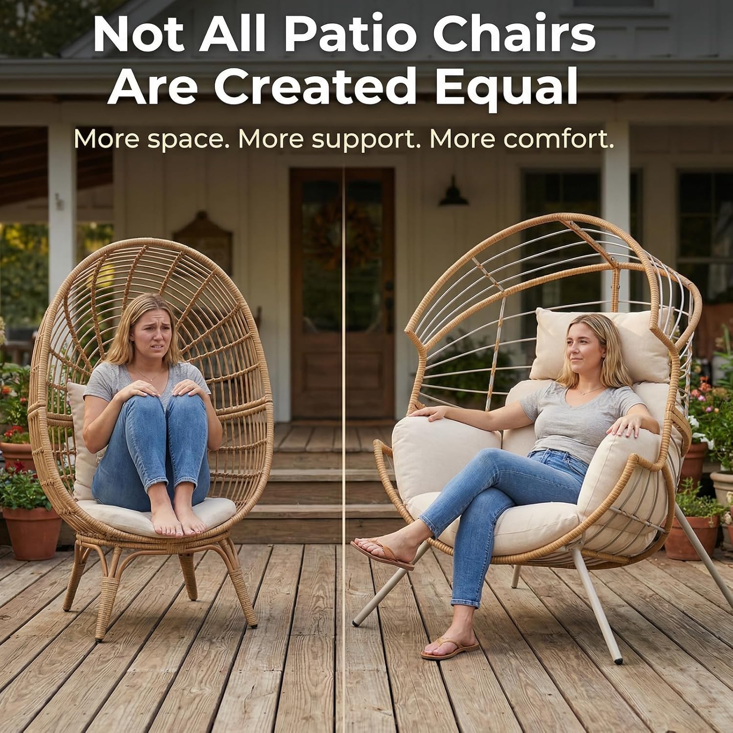 SWITTE Wicker Egg Chair Outdoor Indoor, Oversized Patio Egg Chair with Cushion, Comfy Egg-Shaped Lounge Chair for Balcony, Porch, Living Room, Beige