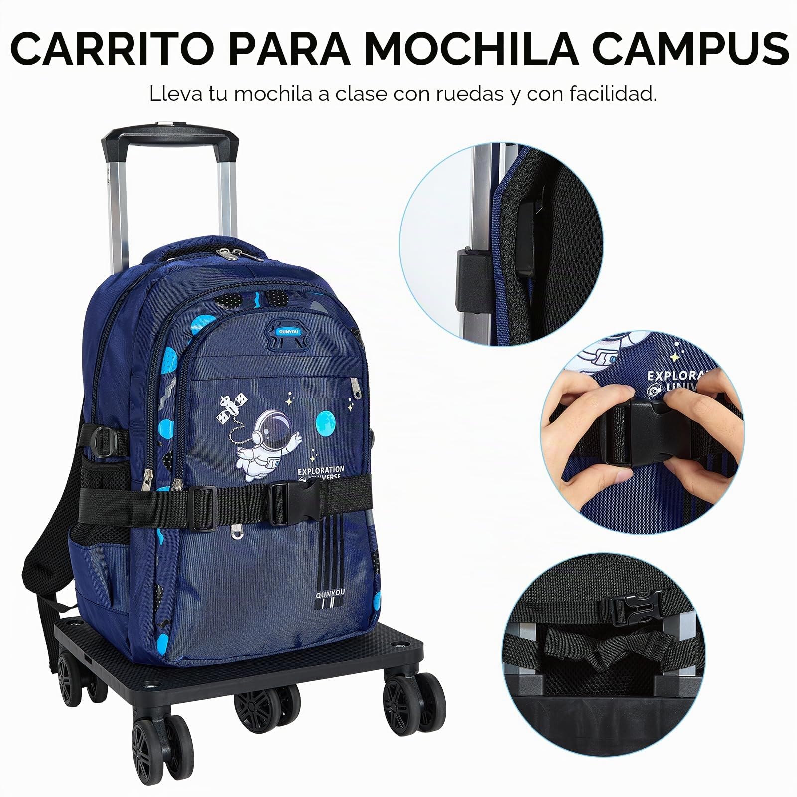 Amythe Carrito Escolar con 5 Ruedas Plegable, Carro Universal con 2 Correas de Sujeción para Mochilas y Equipaje de Viaje, Altura Ajustable, Negro