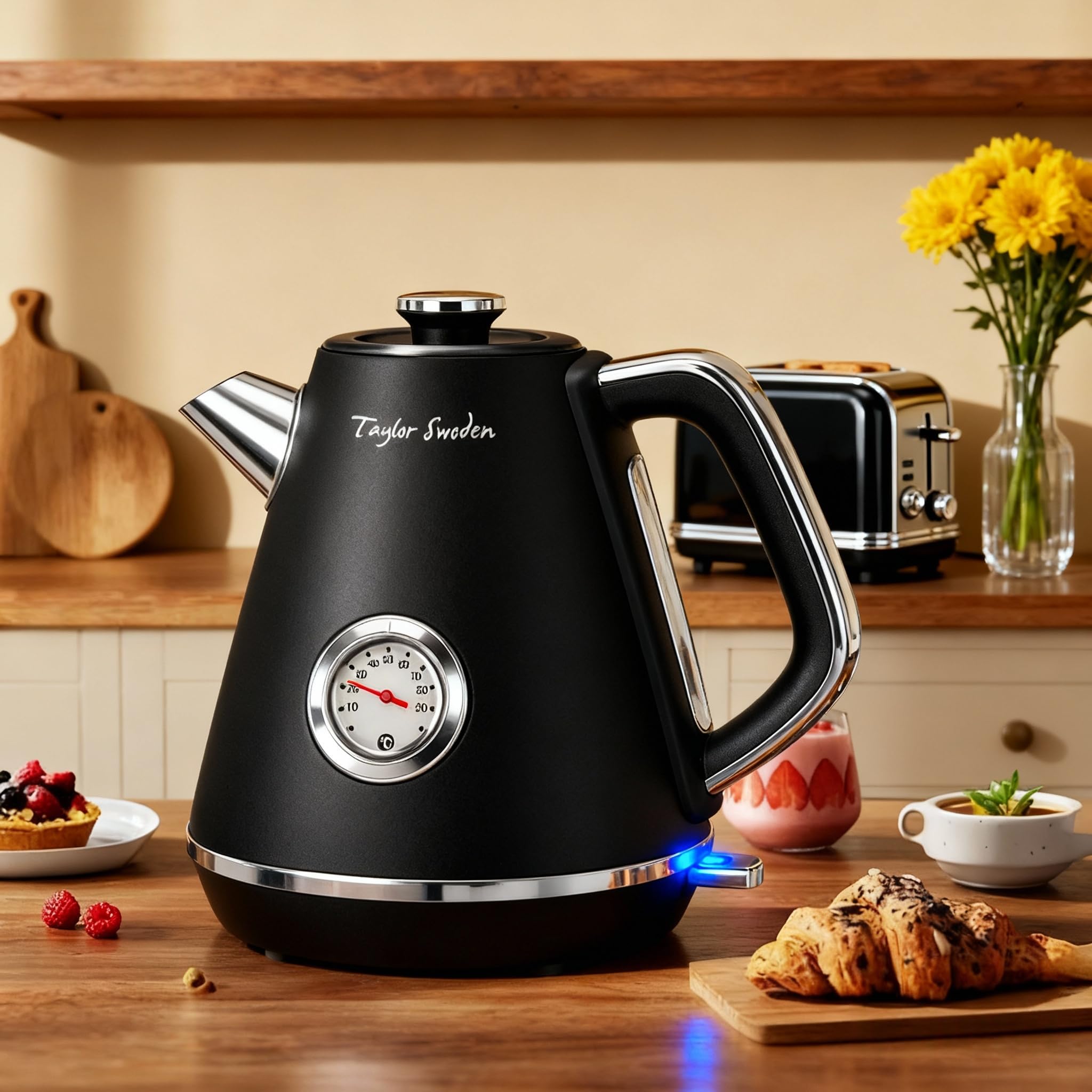 Taylor Swoden Aladin - Bouilloire rétro Vintage themomètre intégré, 2200W, 1,7L. Acier inoxydable, arrêt automatique, cadran de température.