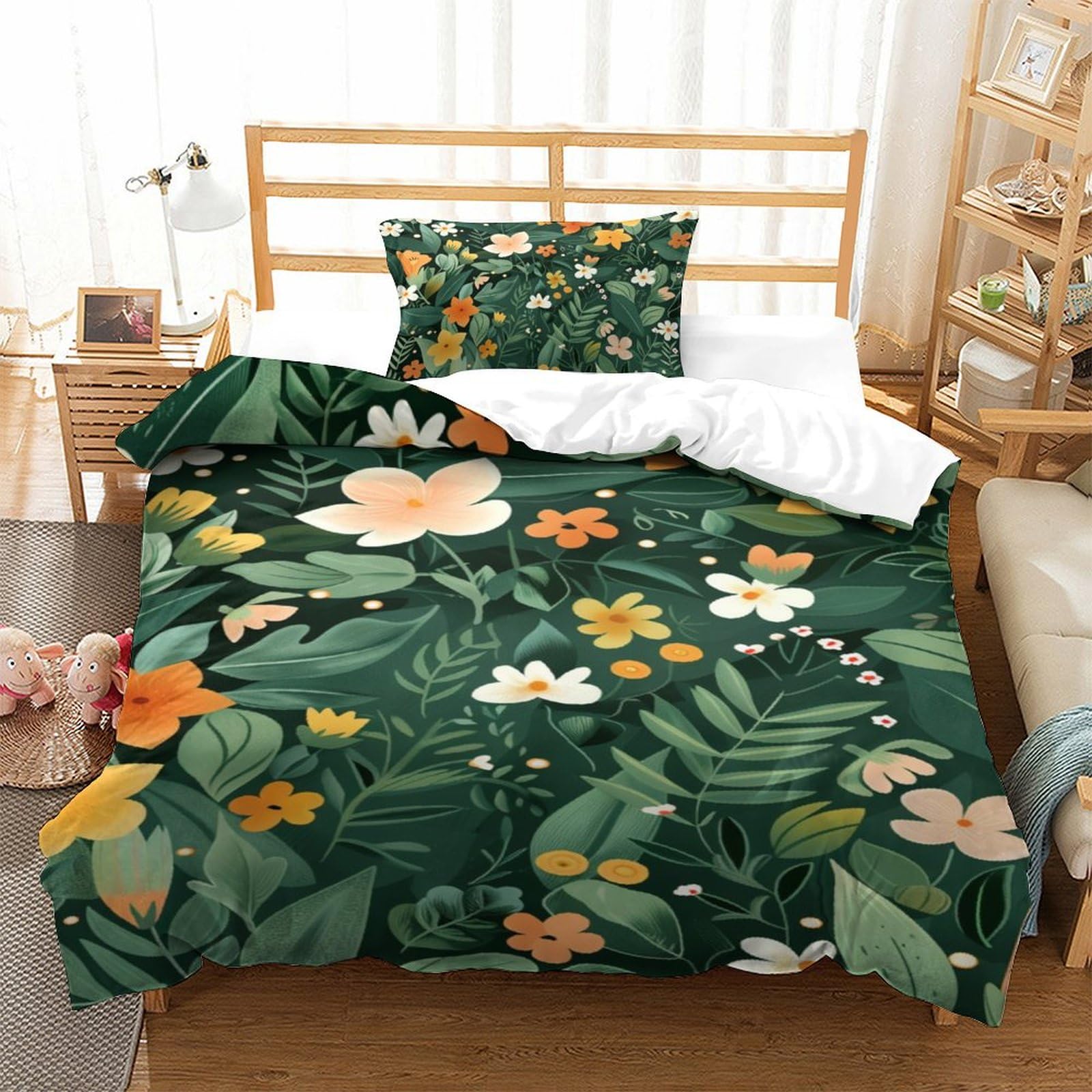 Housse de couette fleurs anti-plis 135x200 avec zip pour lit enfant et ado