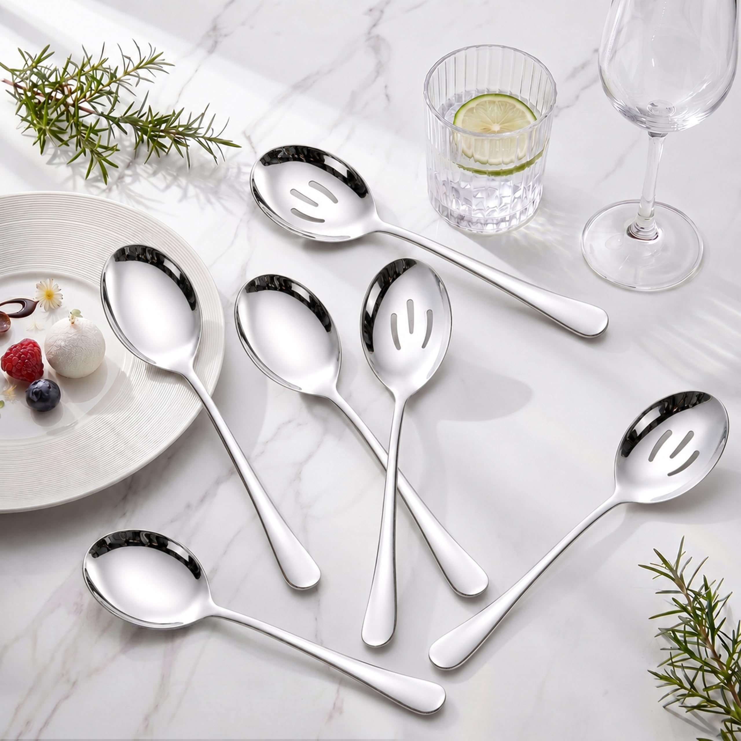 LIANYU Juego de 6 cucharas para servir, cucharas ranuradas grandes de acero inoxidable, utensilios de servir para bufé, restaurante, catering para banquete de fiesta, 9.8 pulgadas