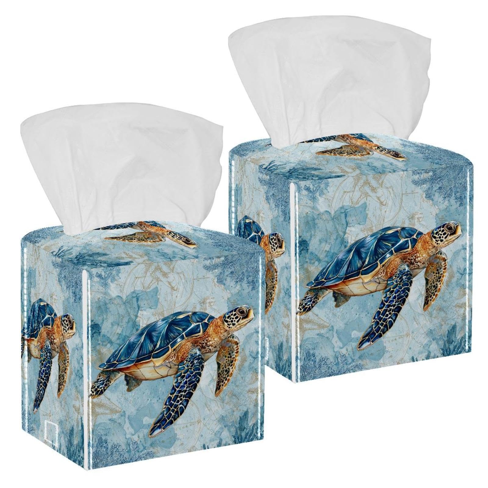 Sea Turtle Tissue Box Cover, 2 Pack PU Leather Square Facial Tissue Dispenser Box holder for Home Office Car