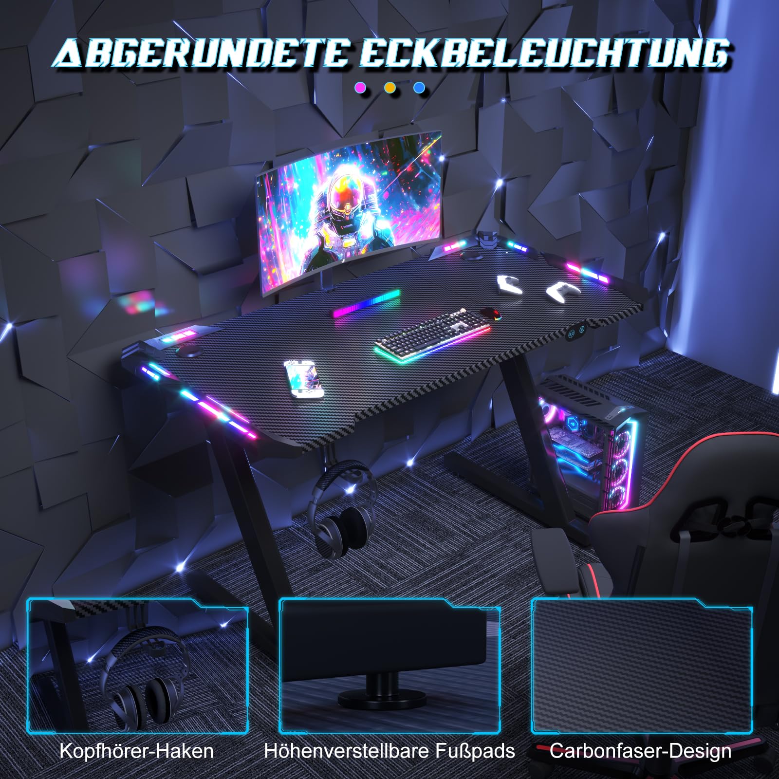JUMMICO Gaming Tisch mit LED-Beleuchtung, RGB Gaming Tisch, Stabiler Computertisch für Homeoffice und Gamer,Gaming Schreibtisch mit Kopfhörerhalterung und Getränkehalter, 120 x 60 cm, Schwarz