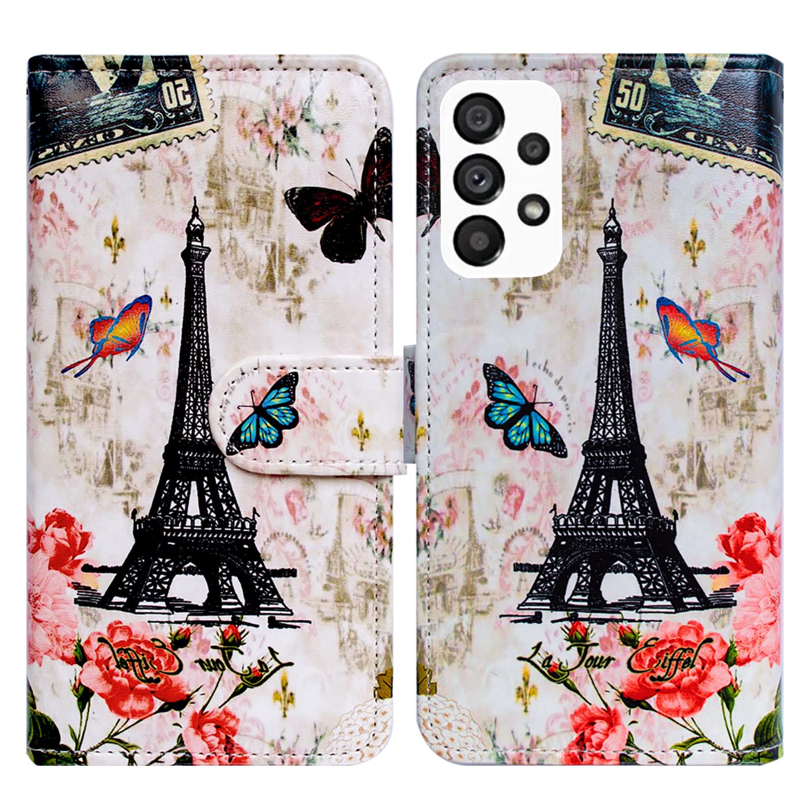 Bcov Galaxy A53 Case, Paris Tower Butterfly Leather Flip Phone Case Wallet Cover with Card Slot Holder Kickstand for Samsung Galaxy A53 5G