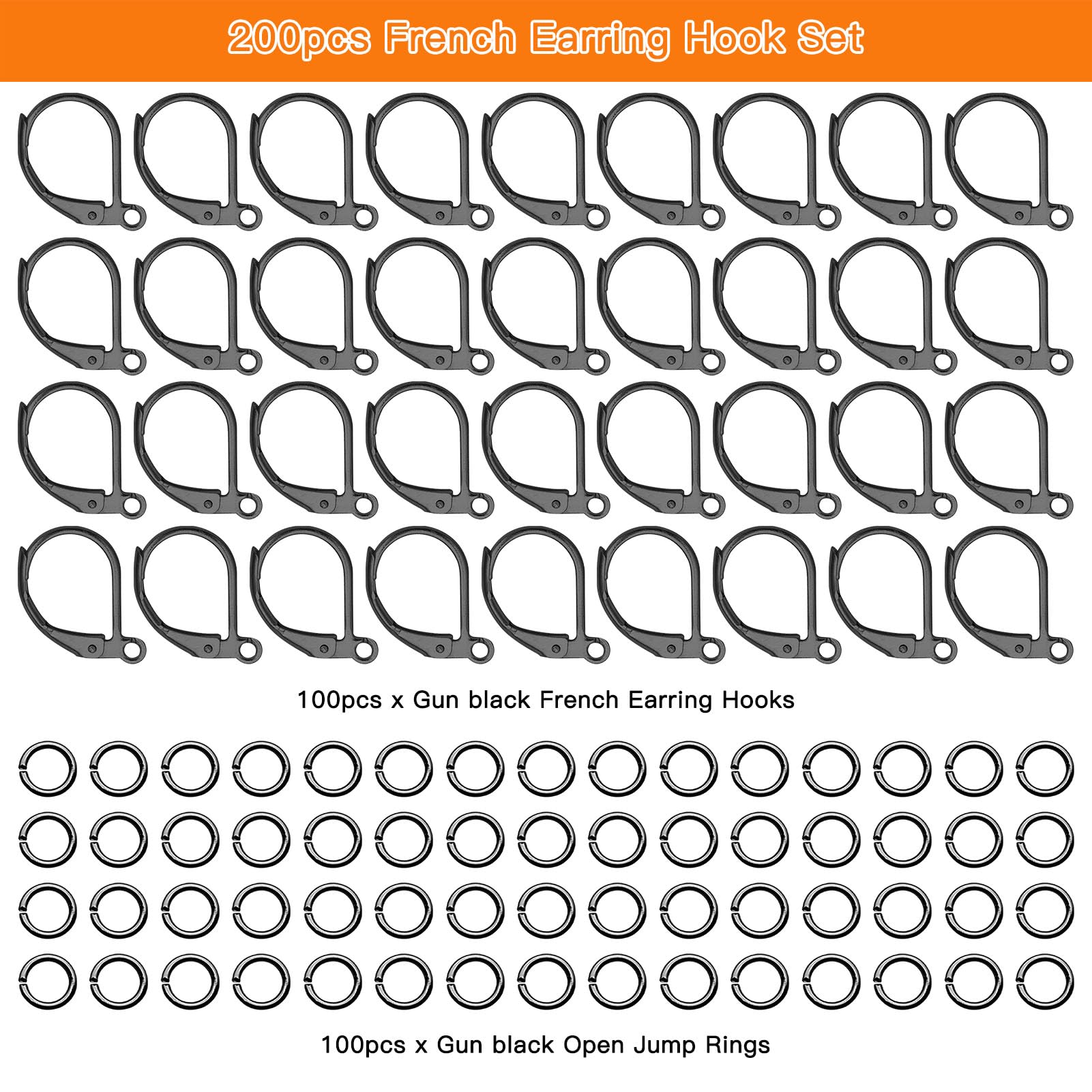 200pcs French Earring Hooks Set,100pcs Hypoallergenic Earring Hooks Leverback Earwires French Hook Ear Wire Brass Leverback Earring with 100pcs Jump Rings for DIY Jewelry Making Findings(Gun Black)