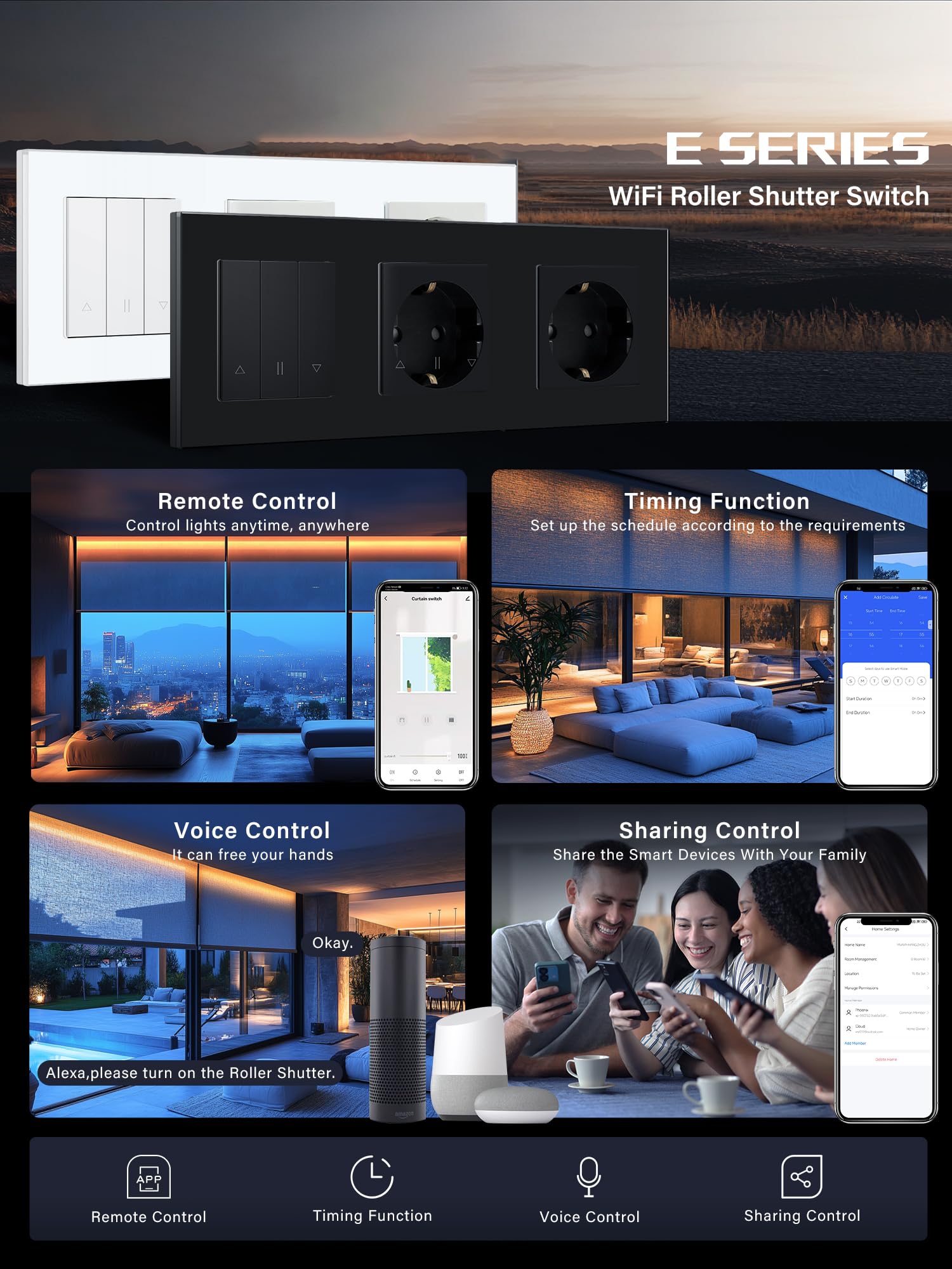 Interruptor de persiana inteligente WIFI con enchufe normal, enchufe Schuko *2 + temporizador inteligente para persianas, compatible con Alexa/Google Home, interruptor de persiana requiere