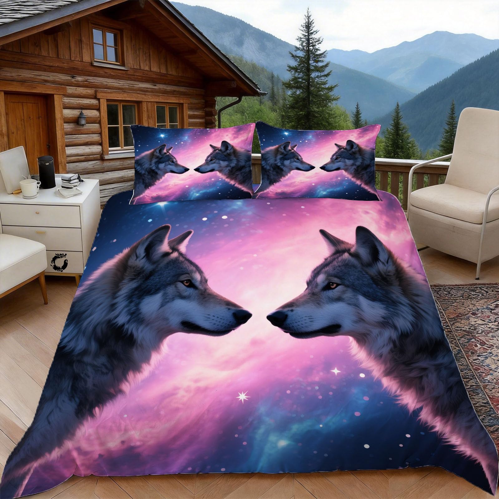 3D Single Duvet Cover Set 3D Printed Starry Sky Wolf Bedding, Wolf Totem Soft Microfibre Duvet Cover Sets Quilt Cover and Pillow Set with Zipper 3 Pcs