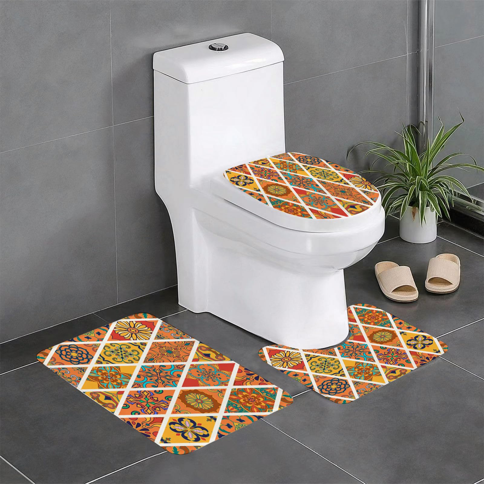 Set di 3 tappetini da Bagno, Lavabili in Lavatrice e Antiscivolo, in Morbida Fibra Superfine, con Trama vettoriale Senza Cuciture. Bellissimo Design a Patchwork e alla Moda.