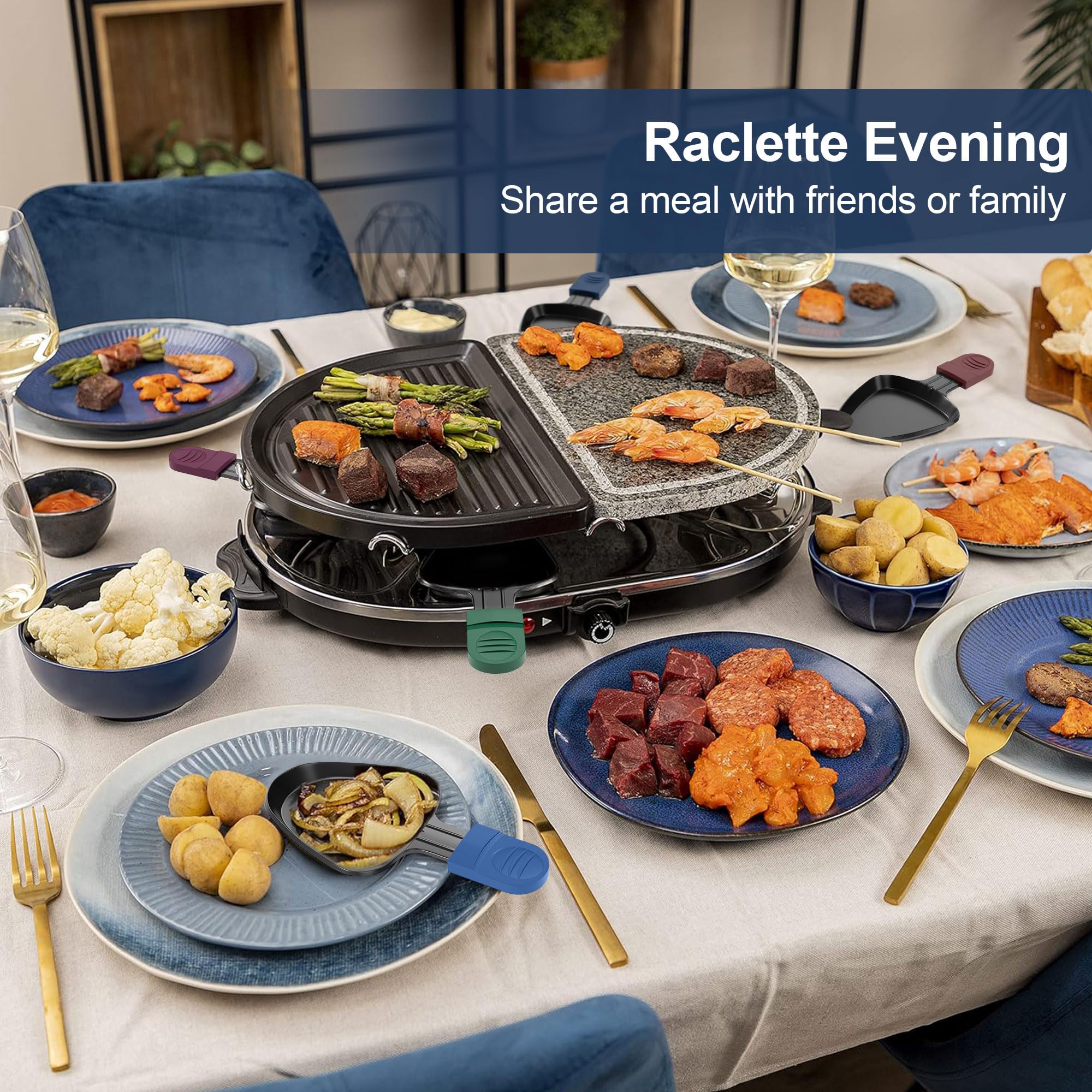 ipow 8 Stück Raclette Pfännchen Ersatz Mini Pfännchen Antihaftbeschichtet dreieckig für Raclette mit 8 Holzschaufeln und bunten Isoliergriffen