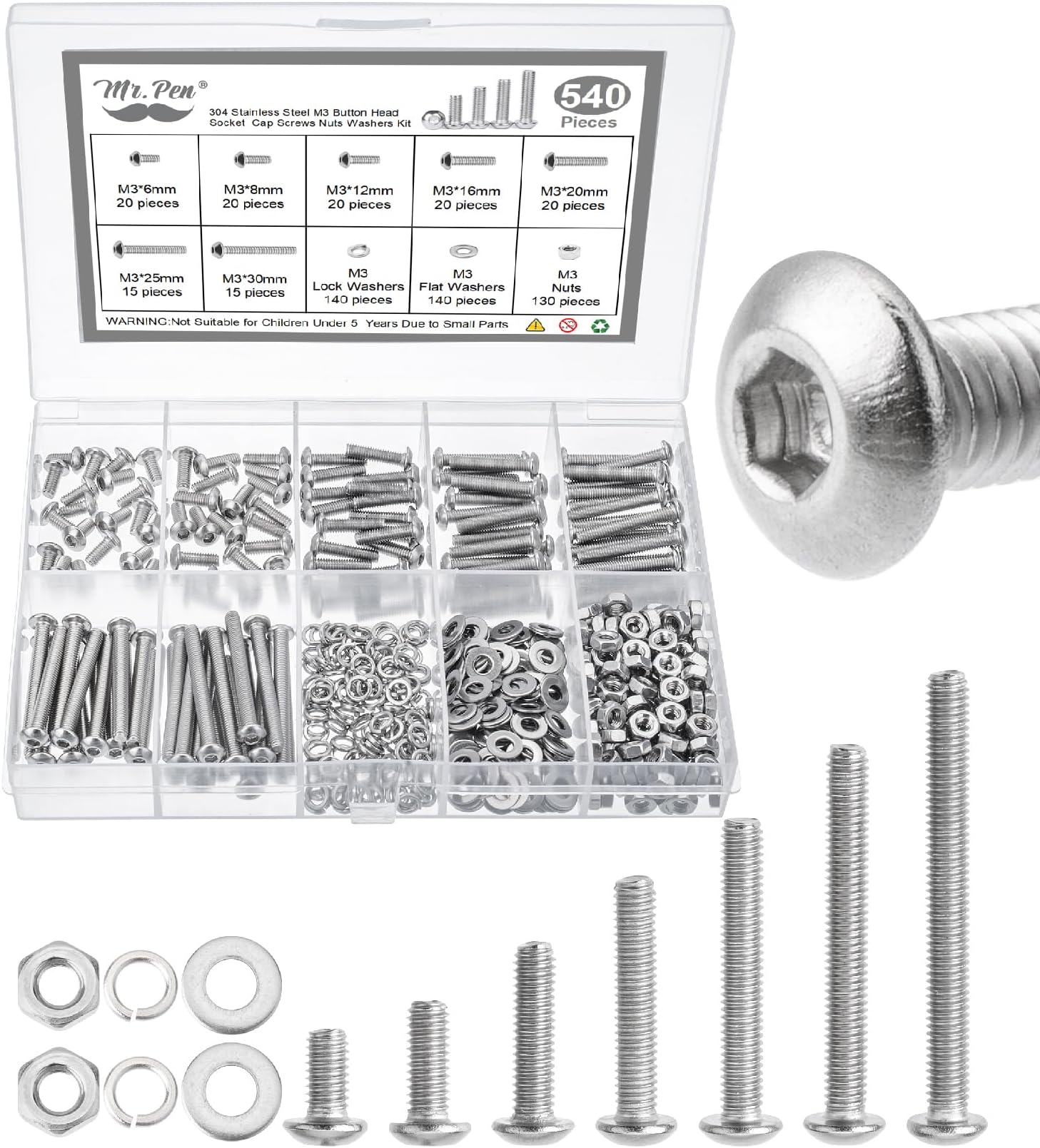 Mr. Pen- Nuts and Bolts Assortment Kit, 540 pcs, Stainless Steel, M3 Screws (7 Sizes 6-30mm) Button Head Socket Cap Screws
