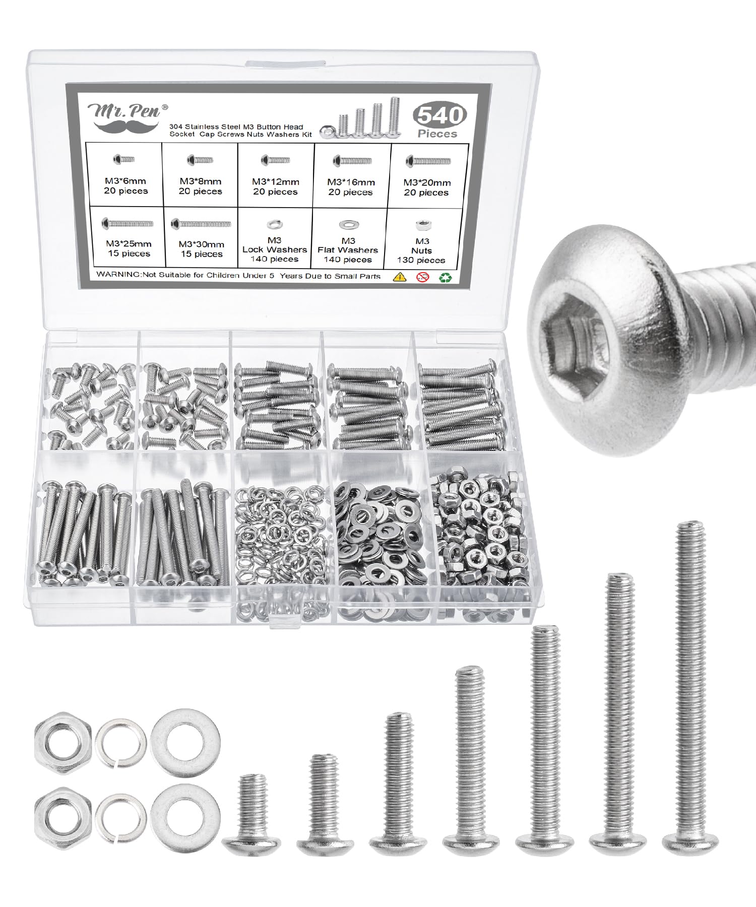Mr. Pen- Nuts and Bolts Assortment Kit, 540 pcs, Stainless Steel, M3 Screws (7 Sizes 6-30mm) Button Head Socket Cap Screws