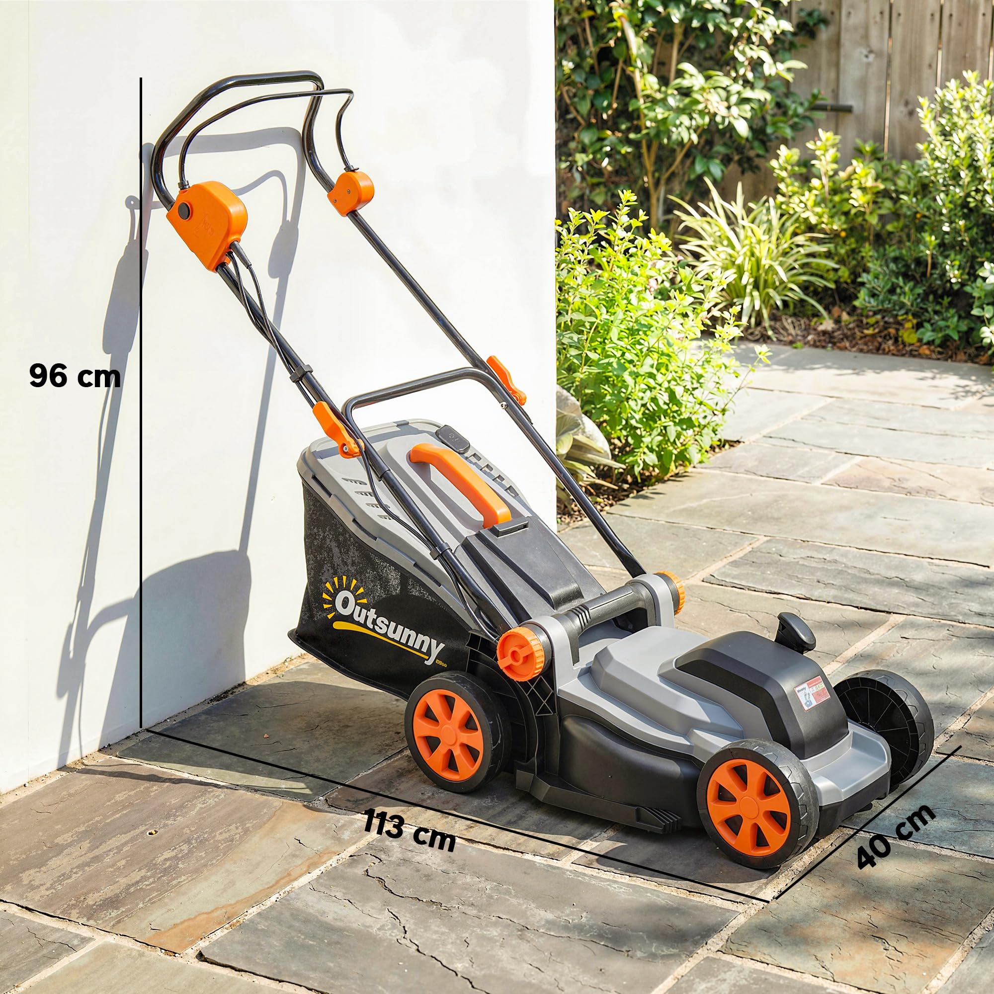 Outsunny elektryczna kosiarka 1200 W z szerokością cięcia 34 cm, koszem na trawę o pojemności 35 litrów, funkcją mulczowania, 6 wysokościami cięcia, regulowanym uchwytem, kosiarka do trawnika